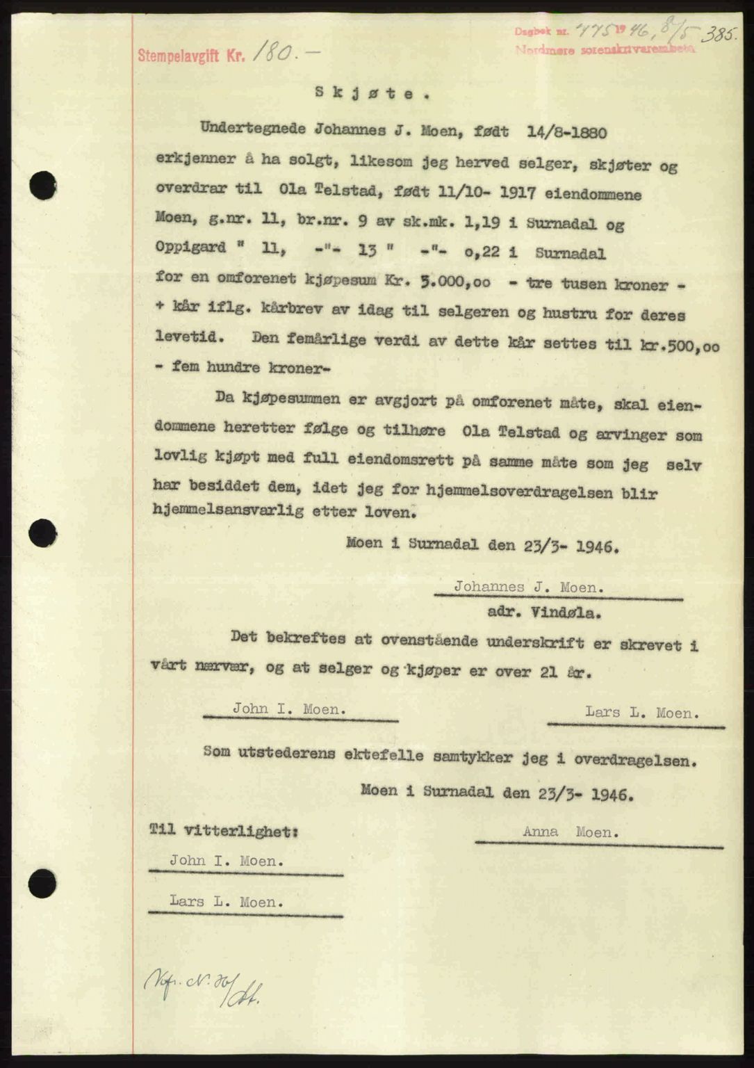 Nordmøre sorenskriveri, AV/SAT-A-4132/1/2/2Ca: Mortgage book no. A101, 1946-1946, Diary no: : 775/1946