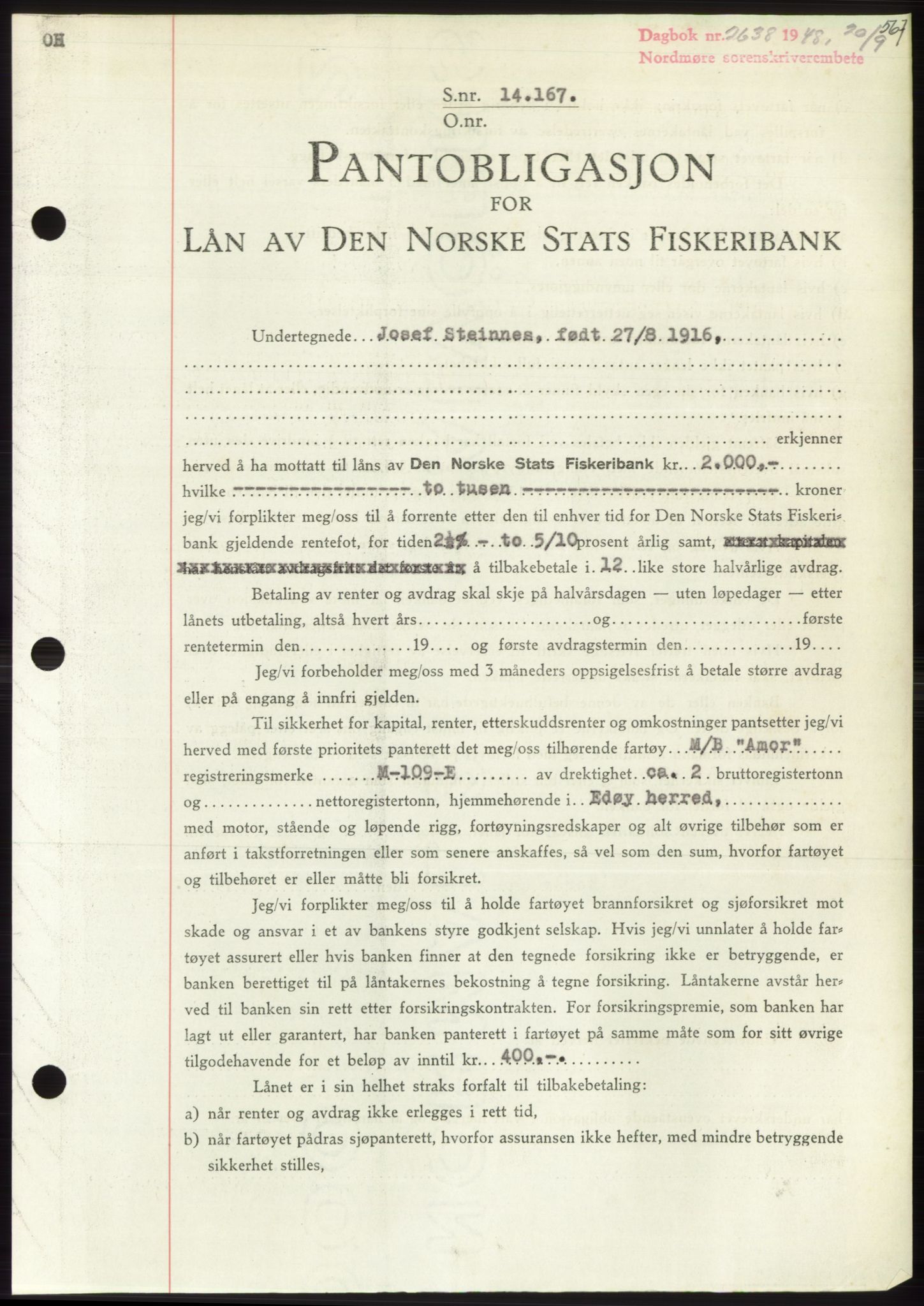 Nordmøre sorenskriveri, AV/SAT-A-4132/1/2/2Ca: Mortgage book no. B99, 1948-1948, Diary no: : 2638/1948