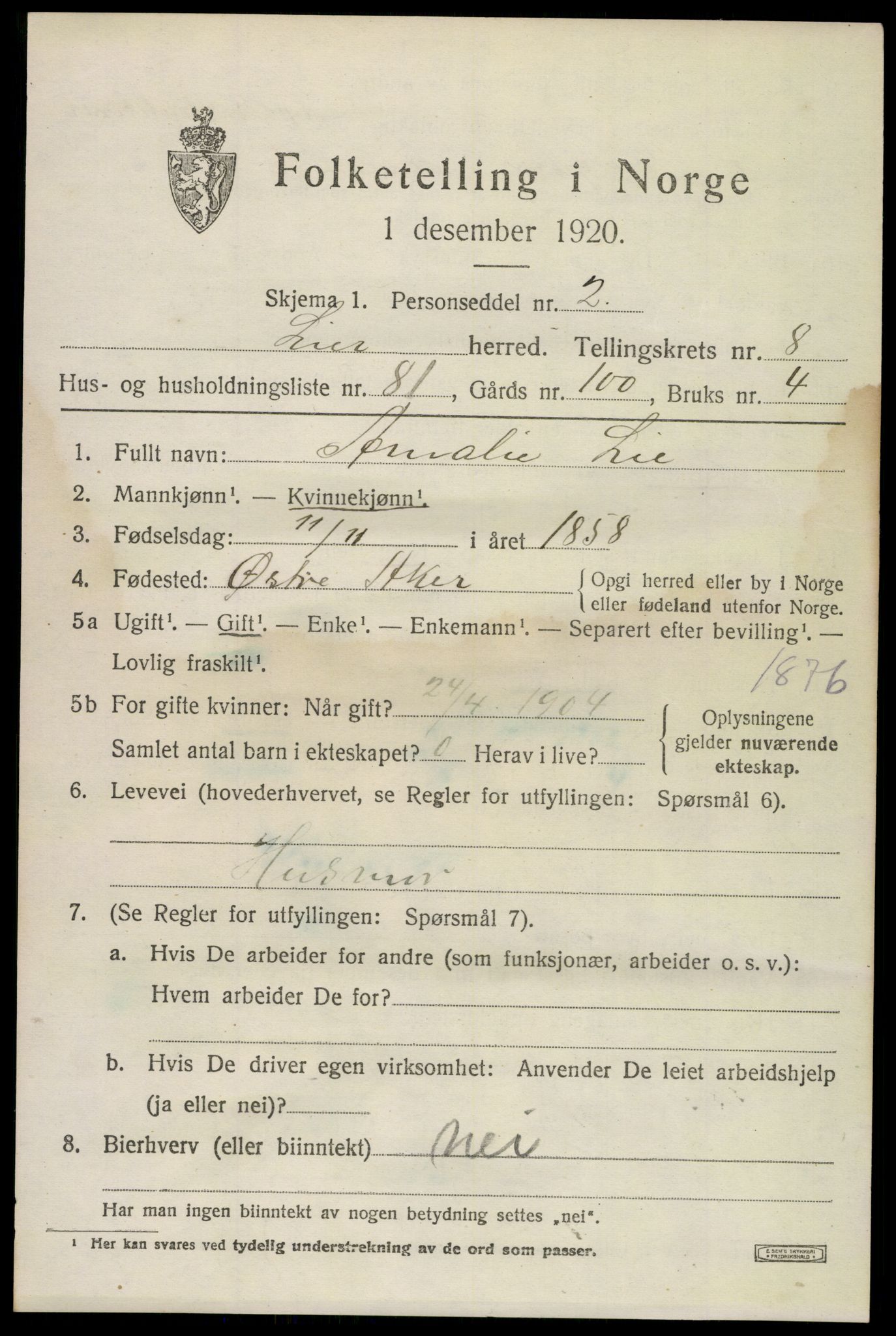 SAKO, 1920 census for Lier, 1920, p. 14796