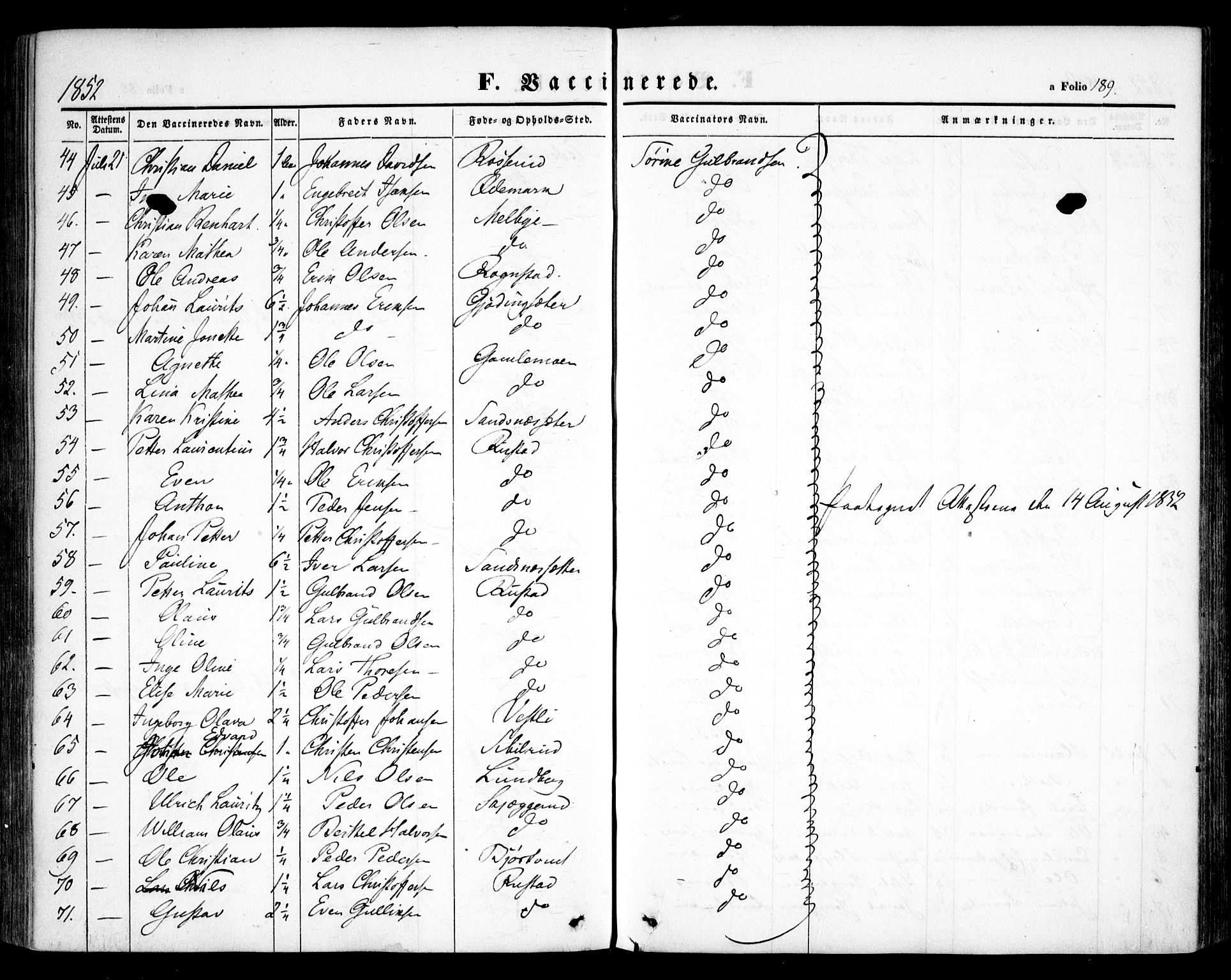 Hurdal prestekontor Kirkebøker, SAO/A-10889/F/Fa/L0005: Parish register (official) no. I 5, 1846-1859, p. 189