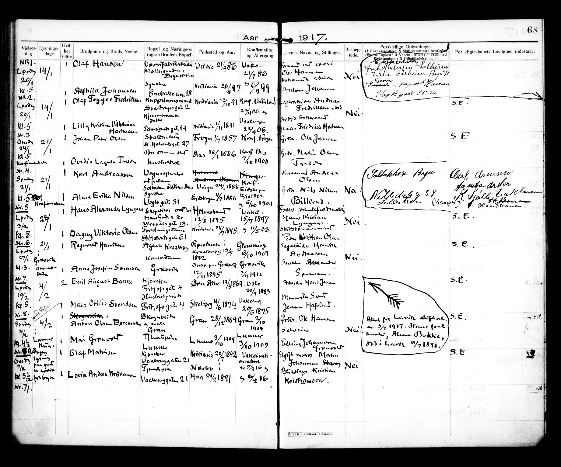 Vålerengen prestekontor Kirkebøker, SAO/A-10878/H/Ha/L0002: Banns register no. 2, 1910-1918, p. 68