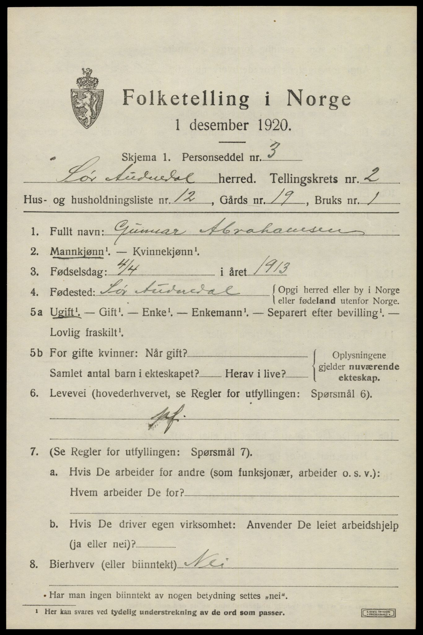 SAK, 1920 census for Sør-Audnedal, 1920, p. 1669