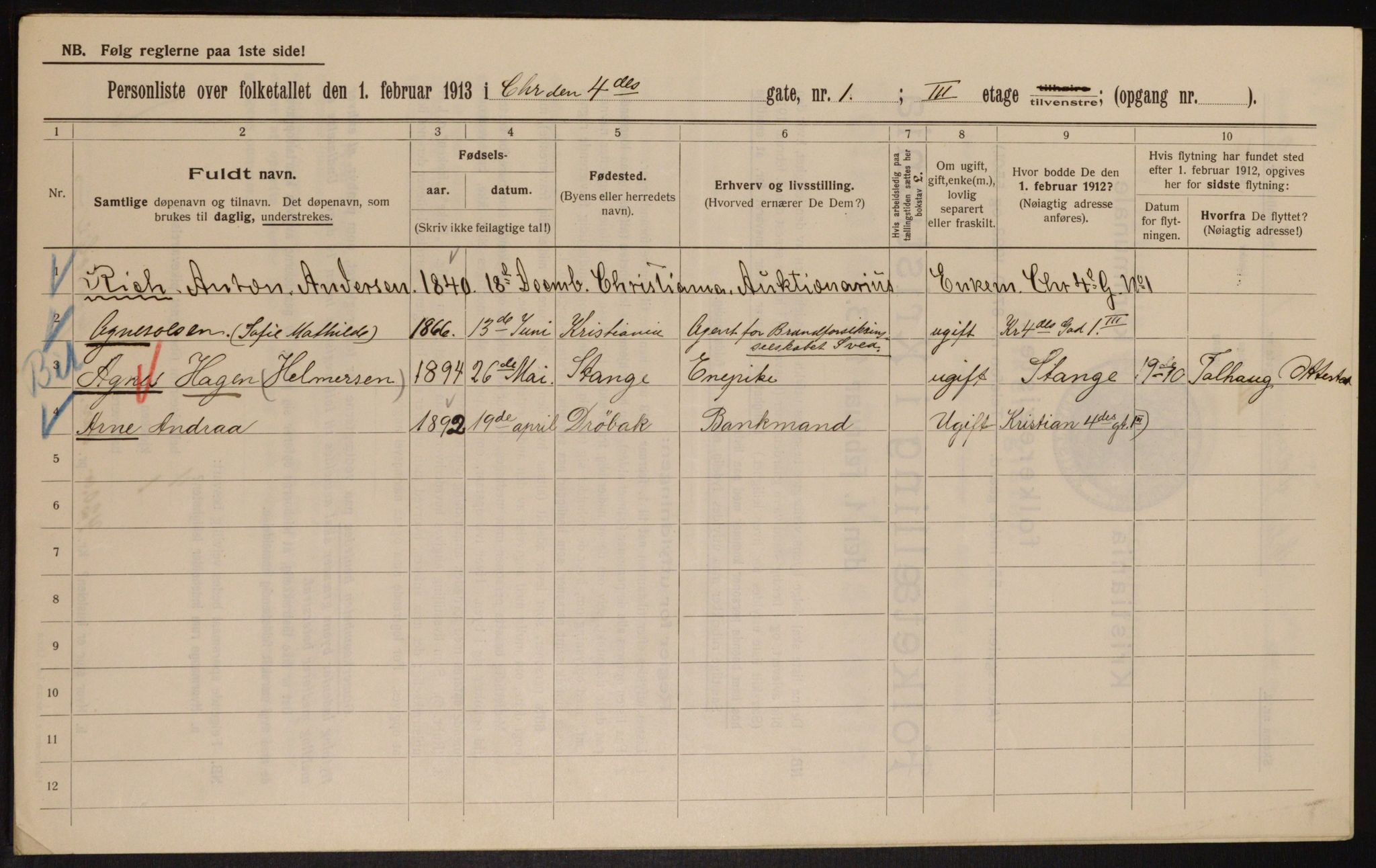 OBA, Municipal Census 1913 for Kristiania, 1913, p. 53843