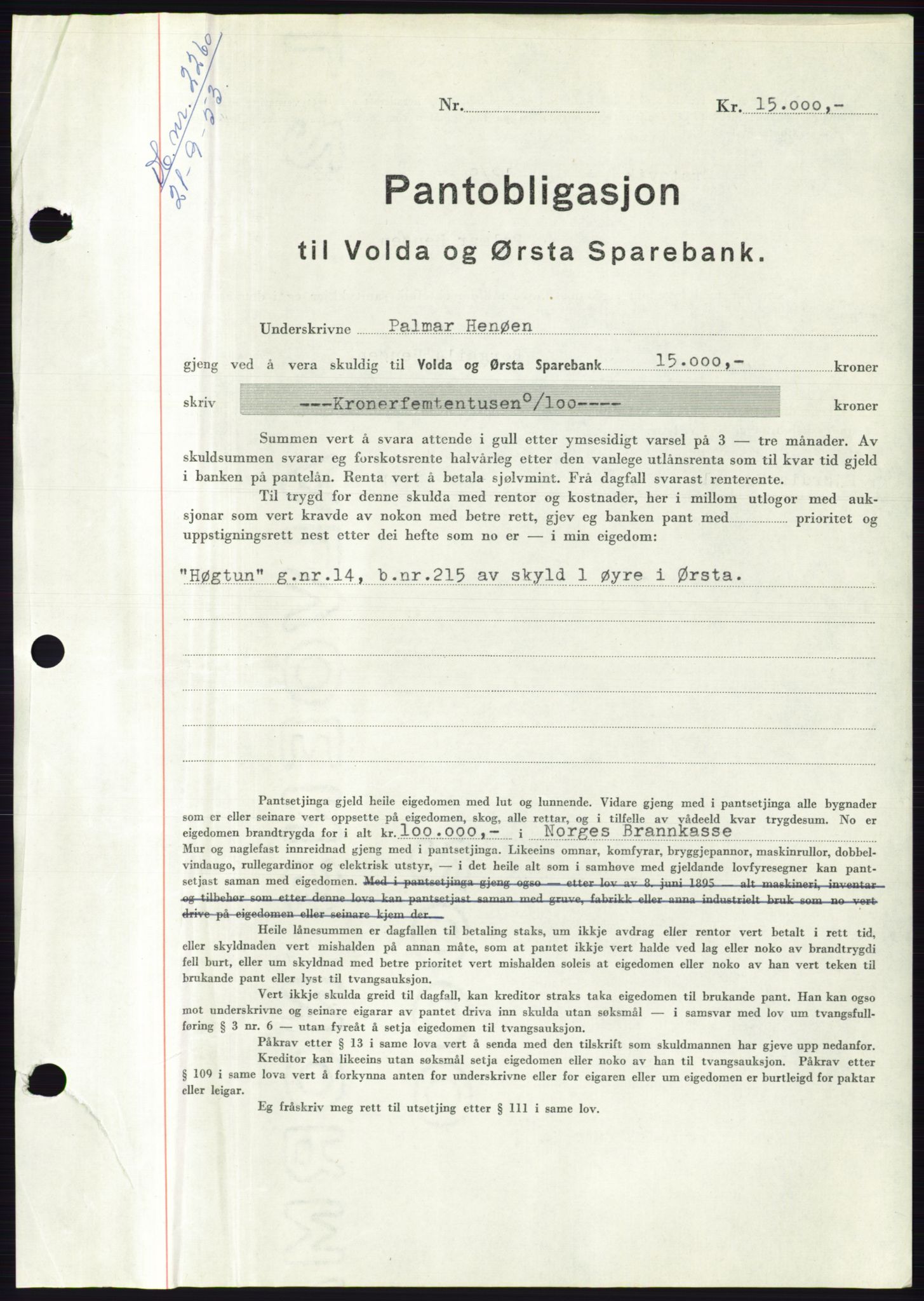 Søre Sunnmøre sorenskriveri, SAT/A-4122/1/2/2C/L0123: Mortgage book no. 11B, 1953-1953, Diary no: : 2260/1953