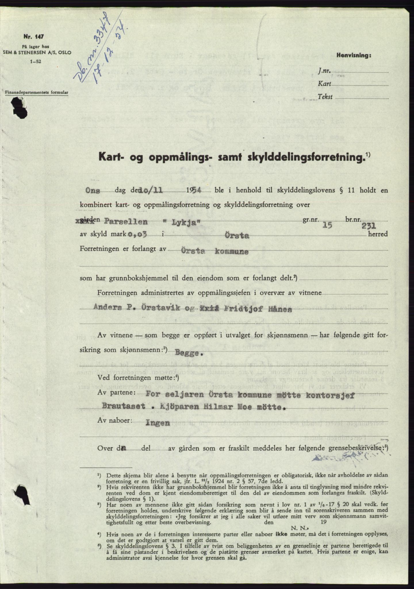 Søre Sunnmøre sorenskriveri, AV/SAT-A-4122/1/2/2C/L0099: Mortgage book no. 25A, 1954-1954, Diary no: : 3347/1954