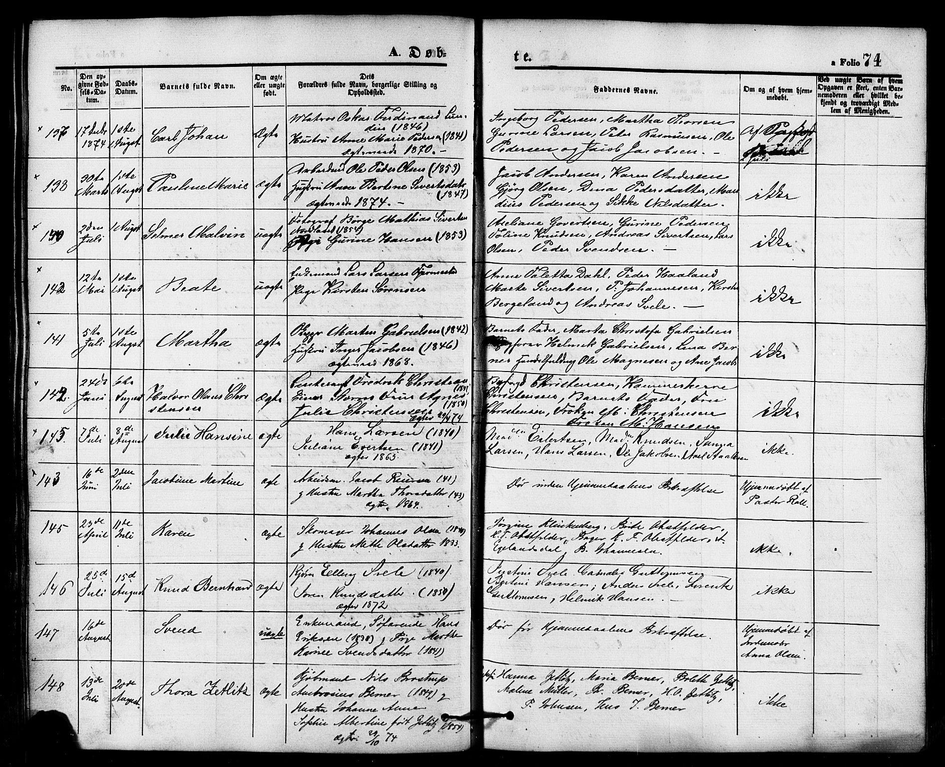 Domkirken sokneprestkontor, SAST/A-101812/001/30/30BB/L0013: Parish register (copy) no. B 13, 1871-1880, p. 74