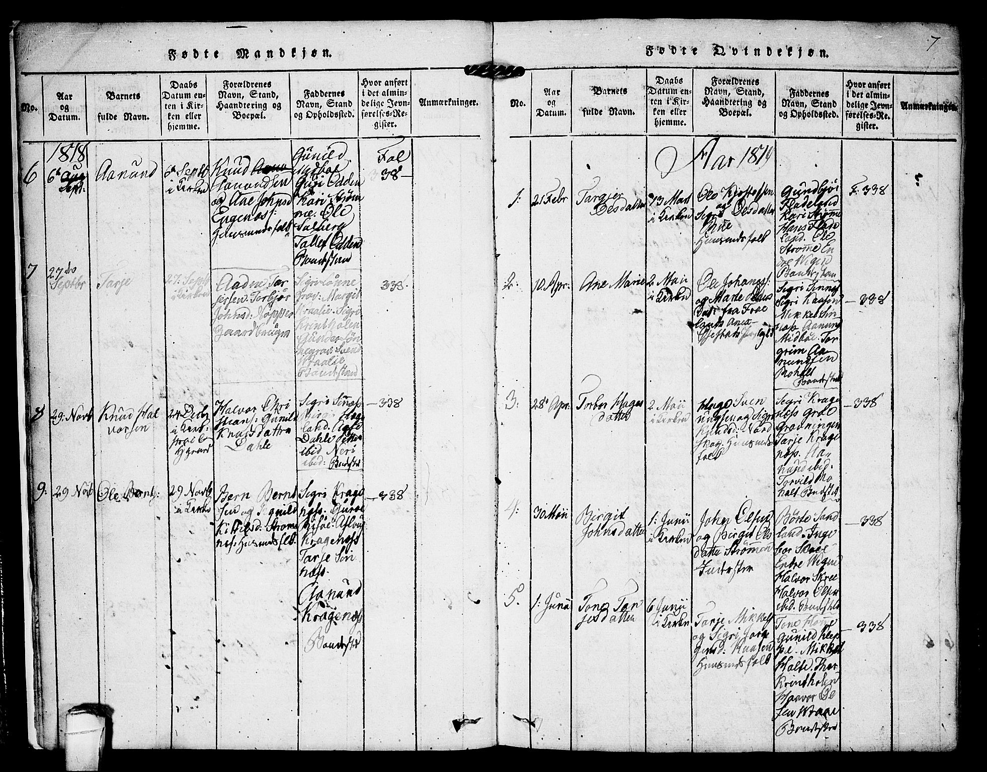 Kviteseid kirkebøker, SAKO/A-276/F/Fc/L0001: Parish register (official) no. III 1, 1815-1836, p. 7