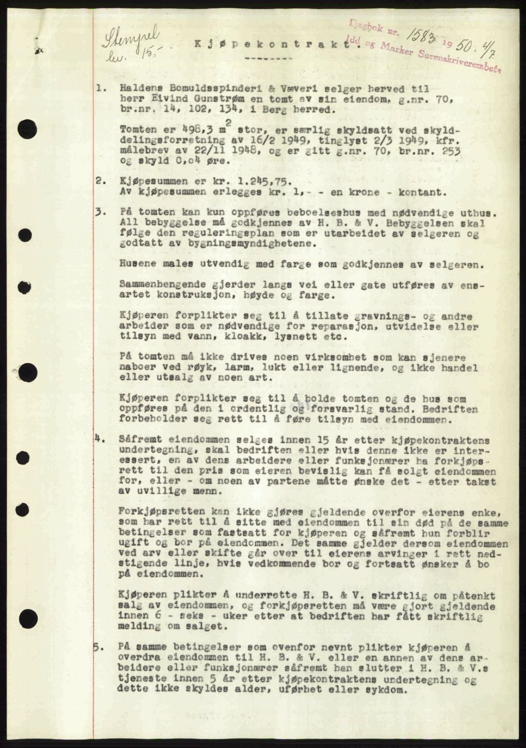 Idd og Marker sorenskriveri, AV/SAO-A-10283/G/Gb/Gbb/L0015: Mortgage book no. A15, 1950-1950, Diary no: : 1583/1950