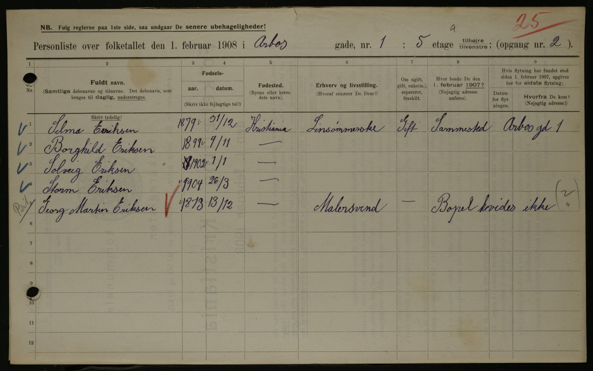 OBA, Municipal Census 1908 for Kristiania, 1908, p. 1948