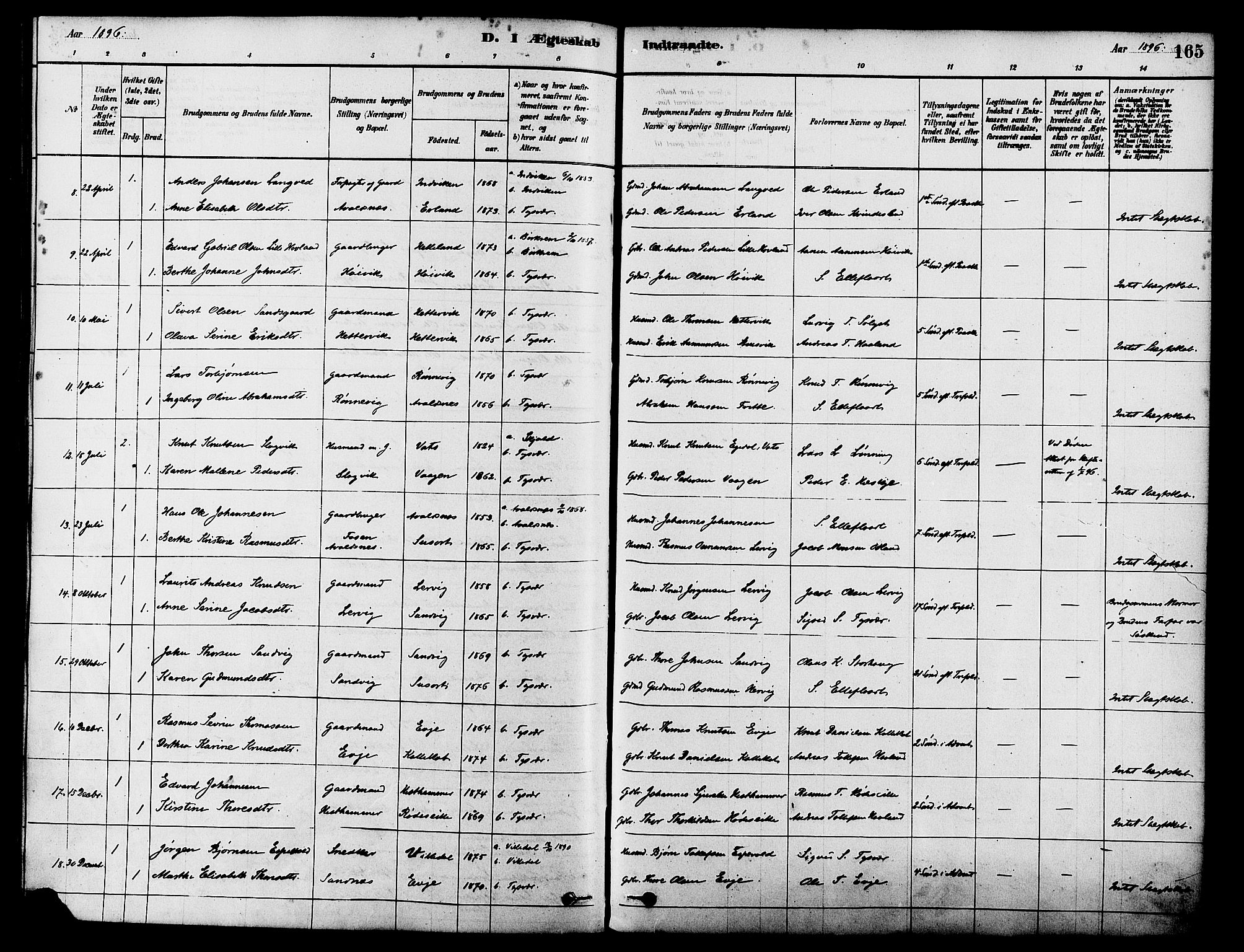 Tysvær sokneprestkontor, AV/SAST-A -101864/H/Ha/Haa/L0006: Parish register (official) no. A 6, 1878-1896, p. 165