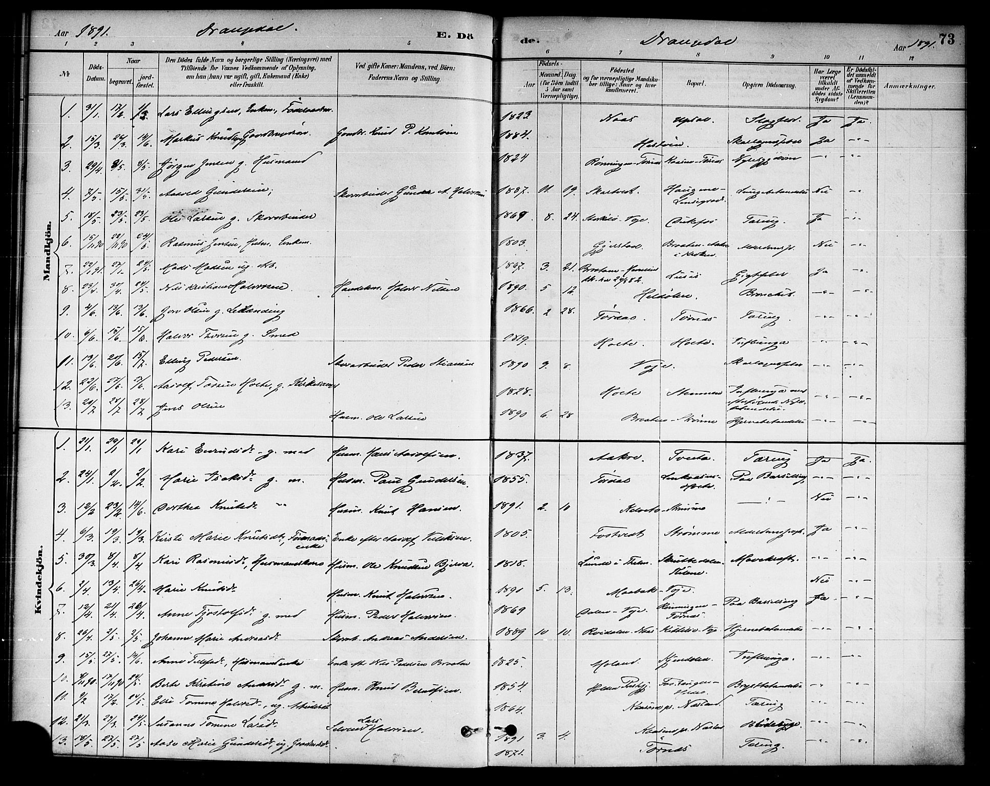 Drangedal kirkebøker, AV/SAKO-A-258/F/Fa/L0011: Parish register (official) no. 11 /1, 1885-1894, p. 73