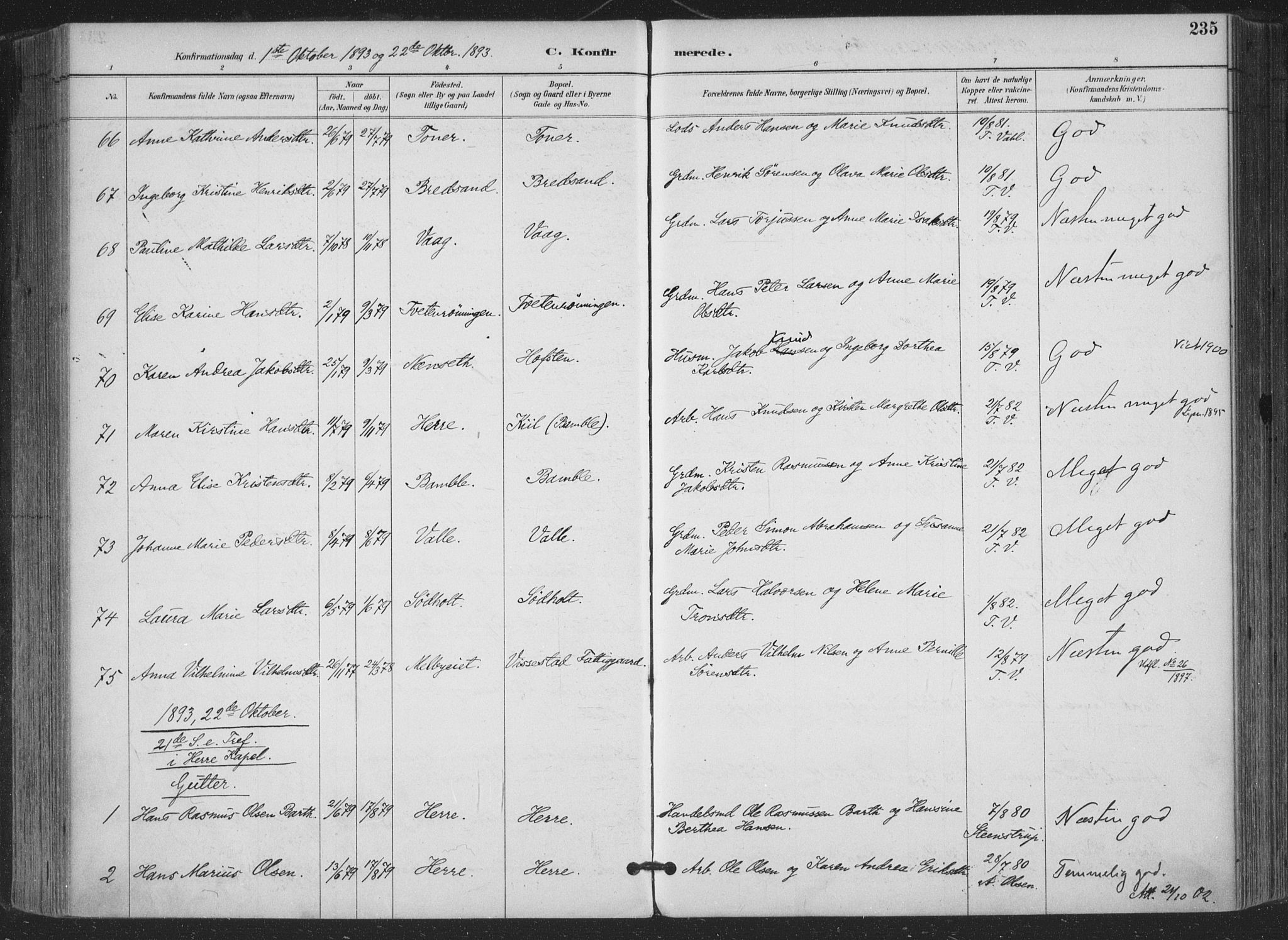 Bamble kirkebøker, AV/SAKO-A-253/F/Fa/L0008: Parish register (official) no. I 8, 1888-1900, p. 235