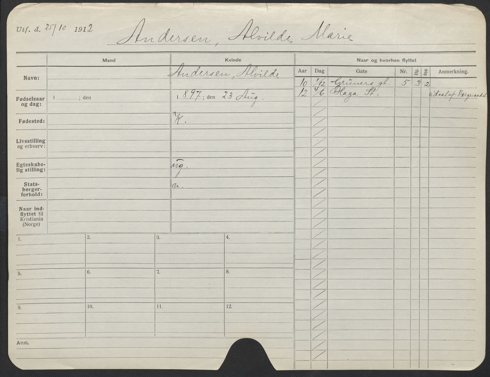 Oslo folkeregister, Registerkort, AV/SAO-A-11715/F/Fa/Fac/L0012: Kvinner, 1906-1914, p. 201a