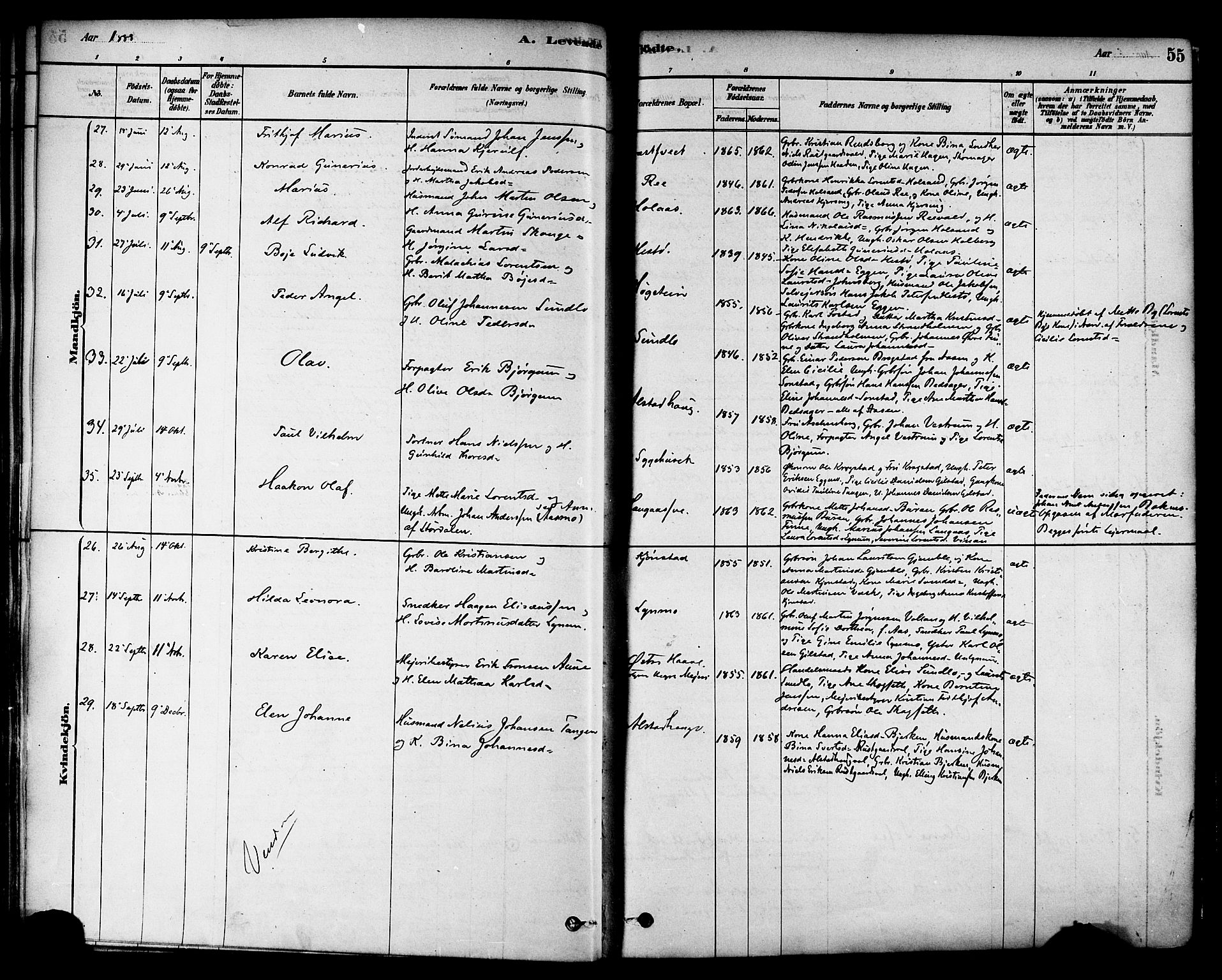 Ministerialprotokoller, klokkerbøker og fødselsregistre - Nord-Trøndelag, AV/SAT-A-1458/717/L0159: Parish register (official) no. 717A09, 1878-1898, p. 55