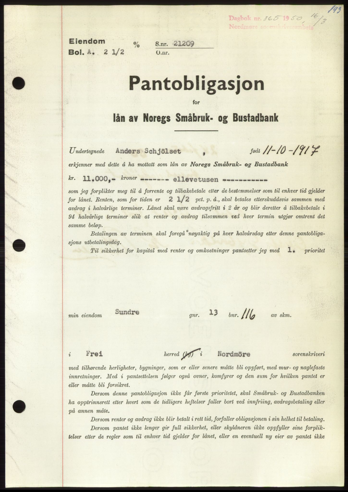 Nordmøre sorenskriveri, AV/SAT-A-4132/1/2/2Ca: Mortgage book no. B104, 1950-1950, Diary no: : 865/1950