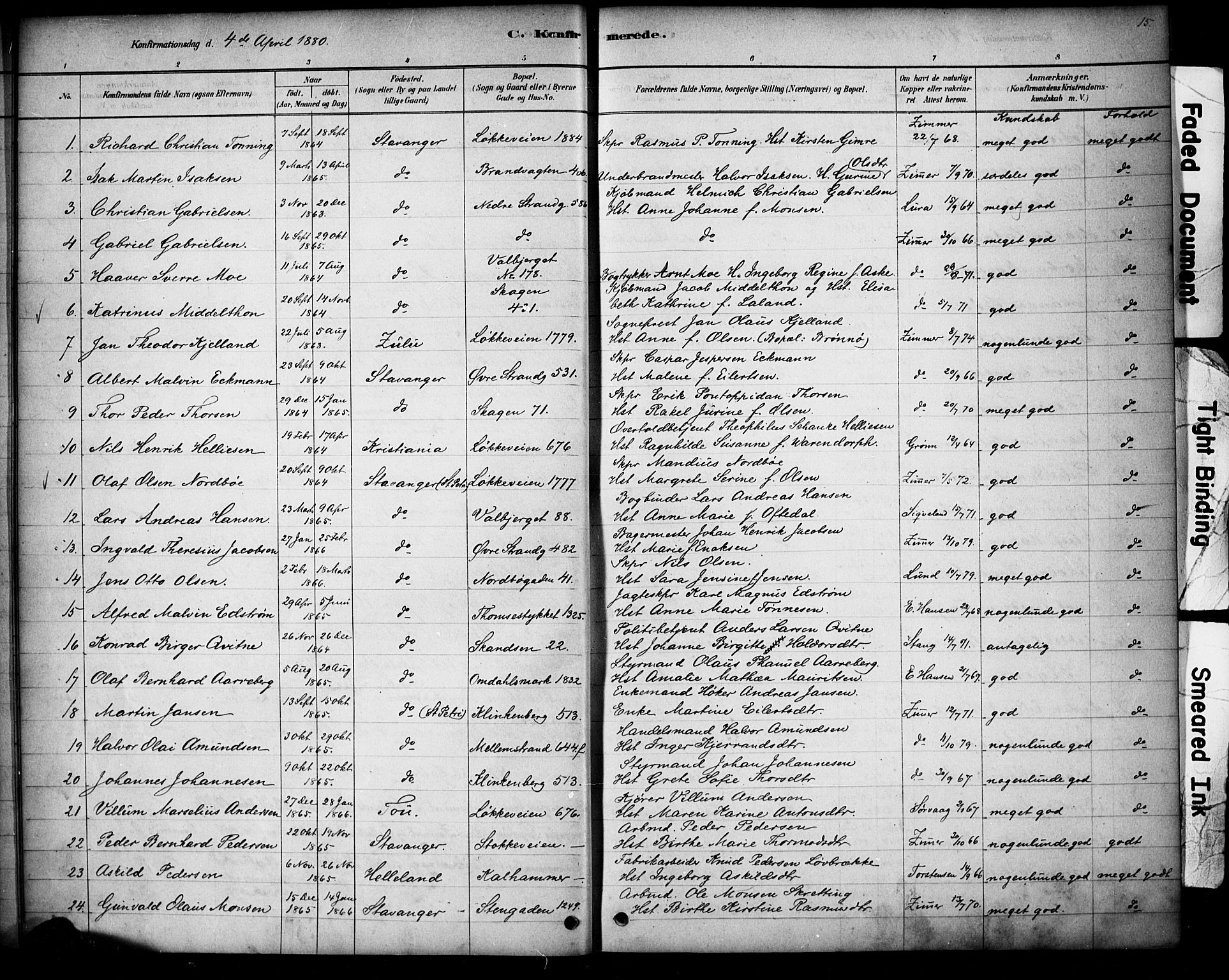 Domkirken sokneprestkontor, SAST/A-101812/001/30/30BA/L0028: Parish register (official) no. A 27, 1878-1896, p. 15