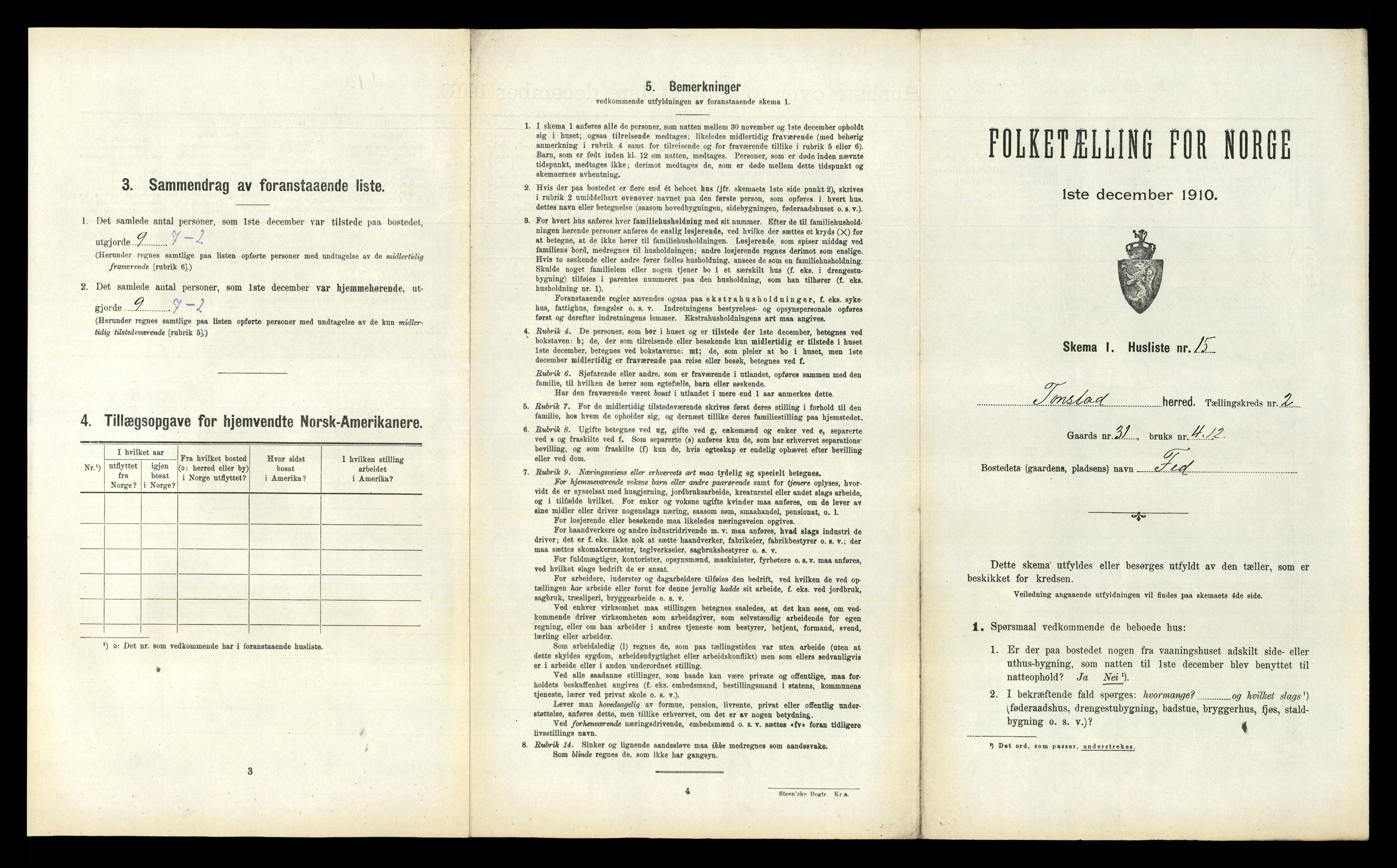 RA, 1910 census for Tonstad, 1910, p. 86