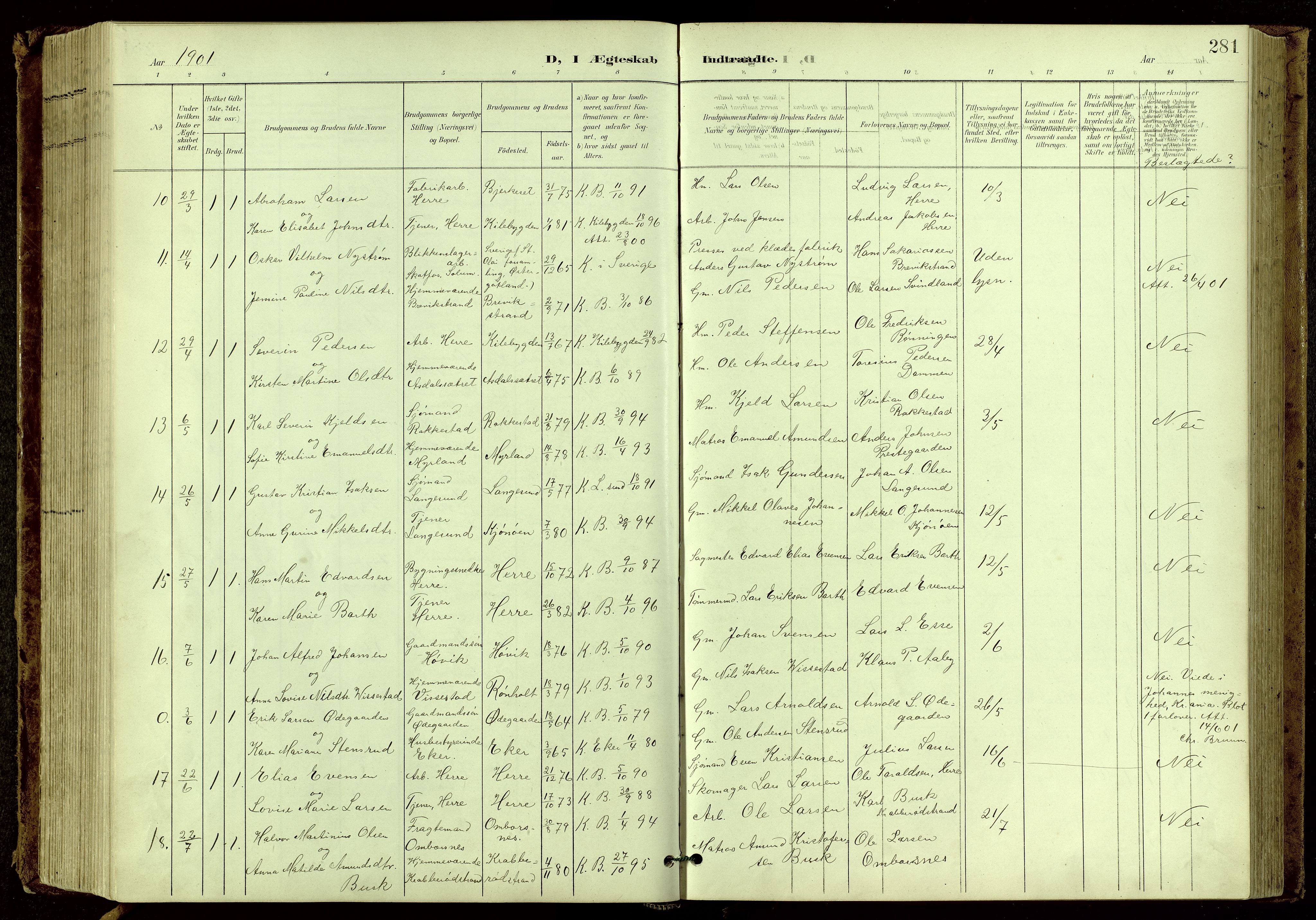 Bamble kirkebøker, SAKO/A-253/G/Ga/L0010: Parish register (copy) no. I 10, 1901-1919, p. 281