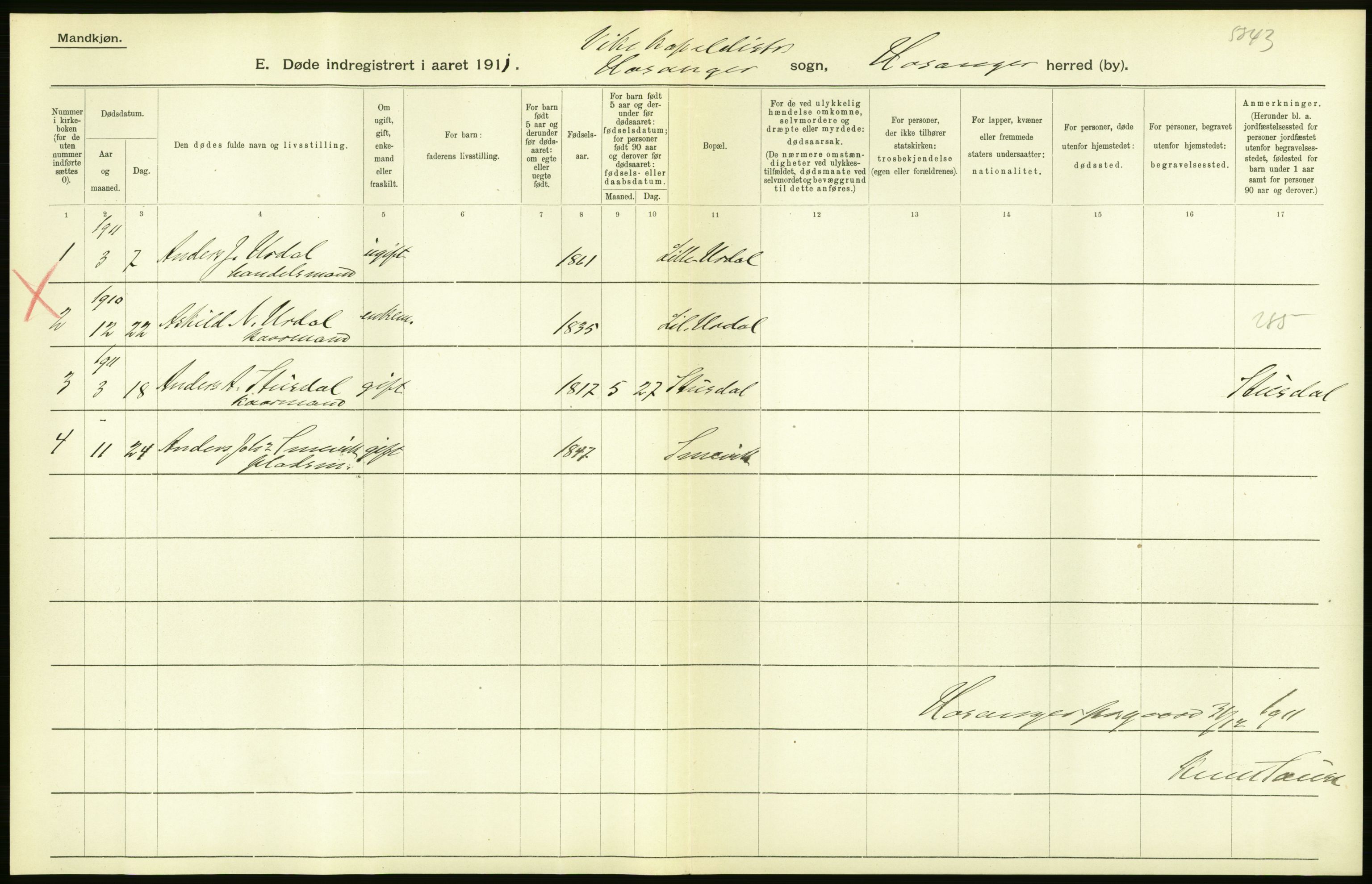 Statistisk sentralbyrå, Sosiodemografiske emner, Befolkning, AV/RA-S-2228/D/Df/Dfb/Dfba/L0030: S. Bergenhus amt: Døde. Bygder., 1911, p. 8