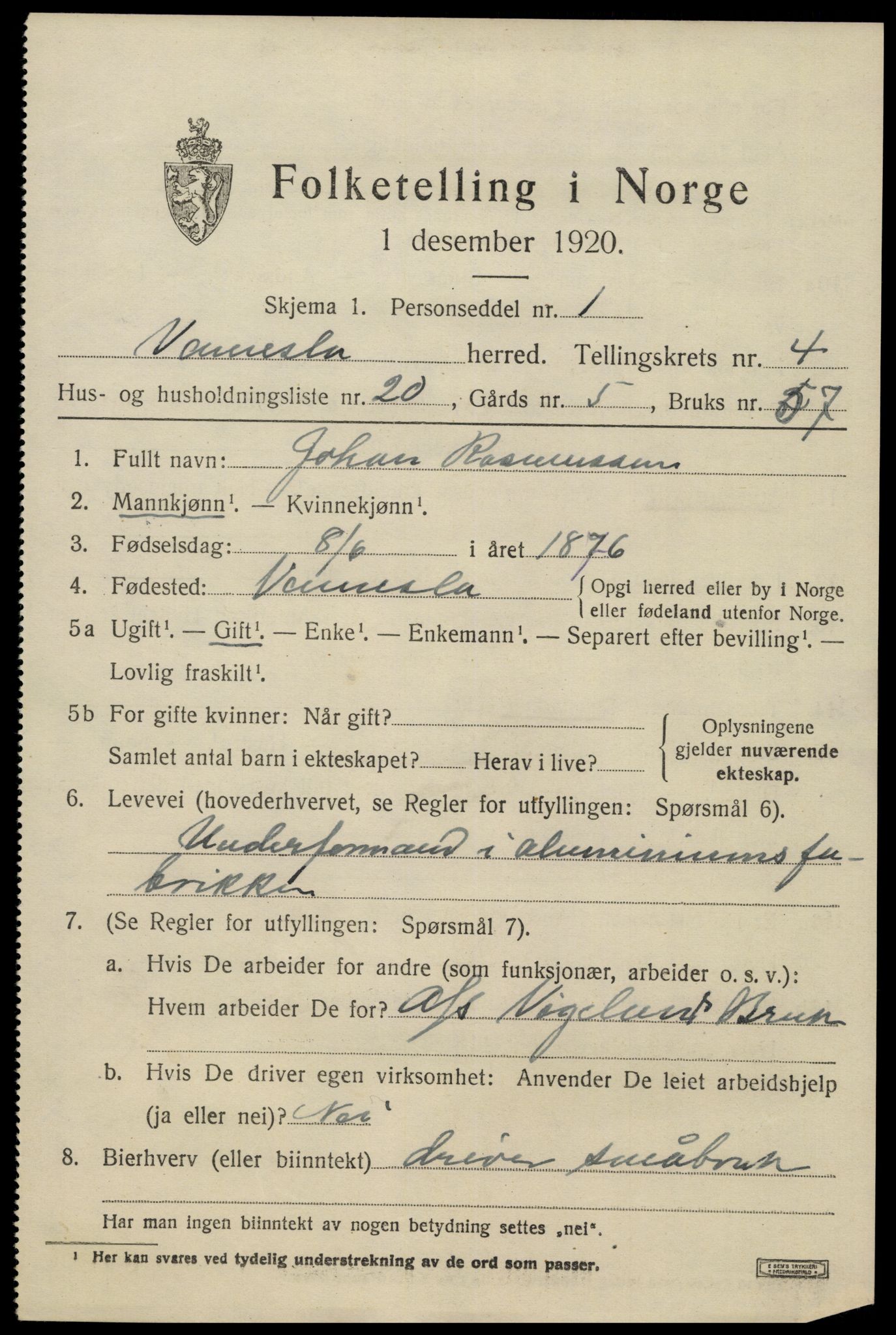 SAK, 1920 census for Vennesla, 1920, p. 3086