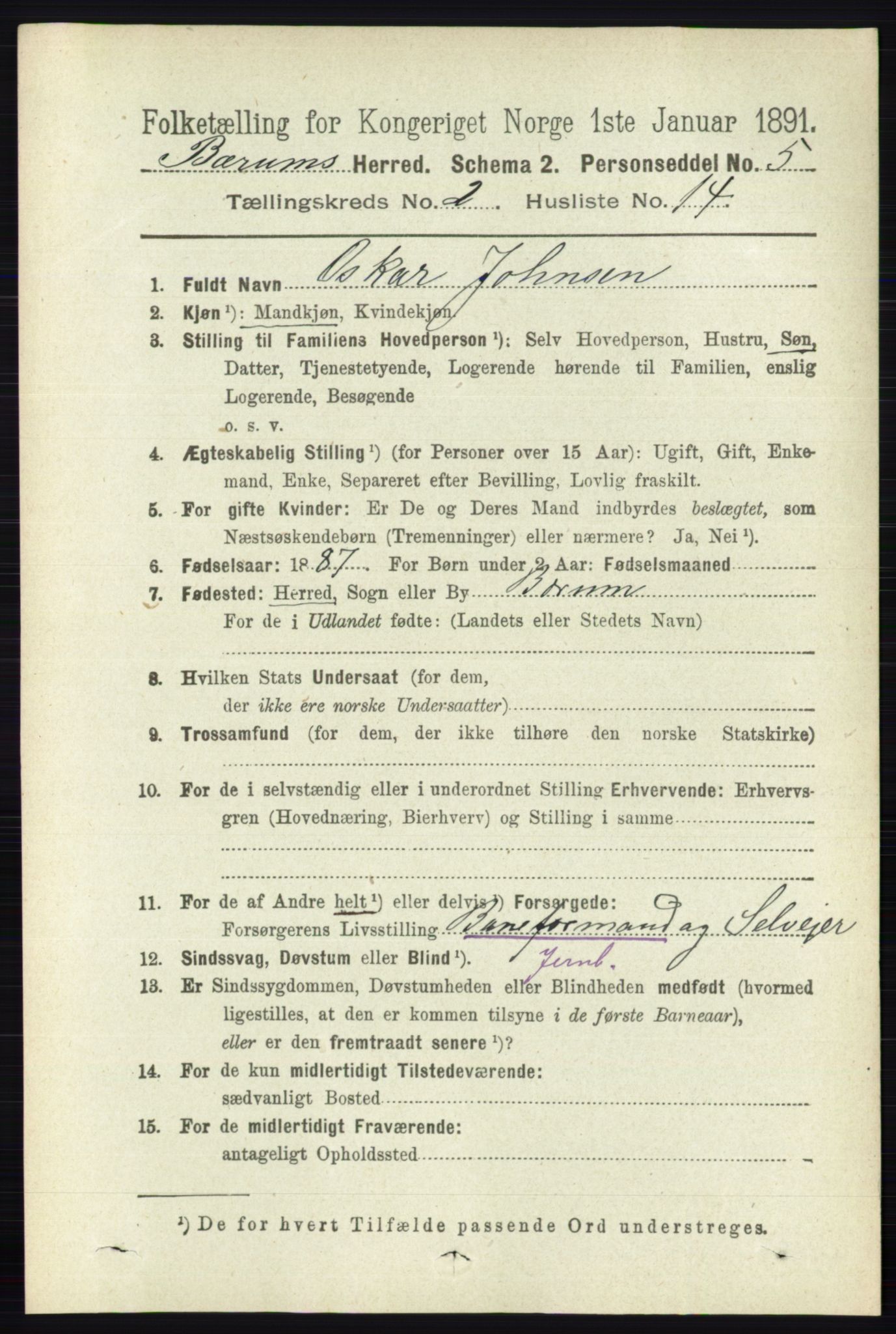 RA, 1891 census for 0219 Bærum, 1891, p. 1203