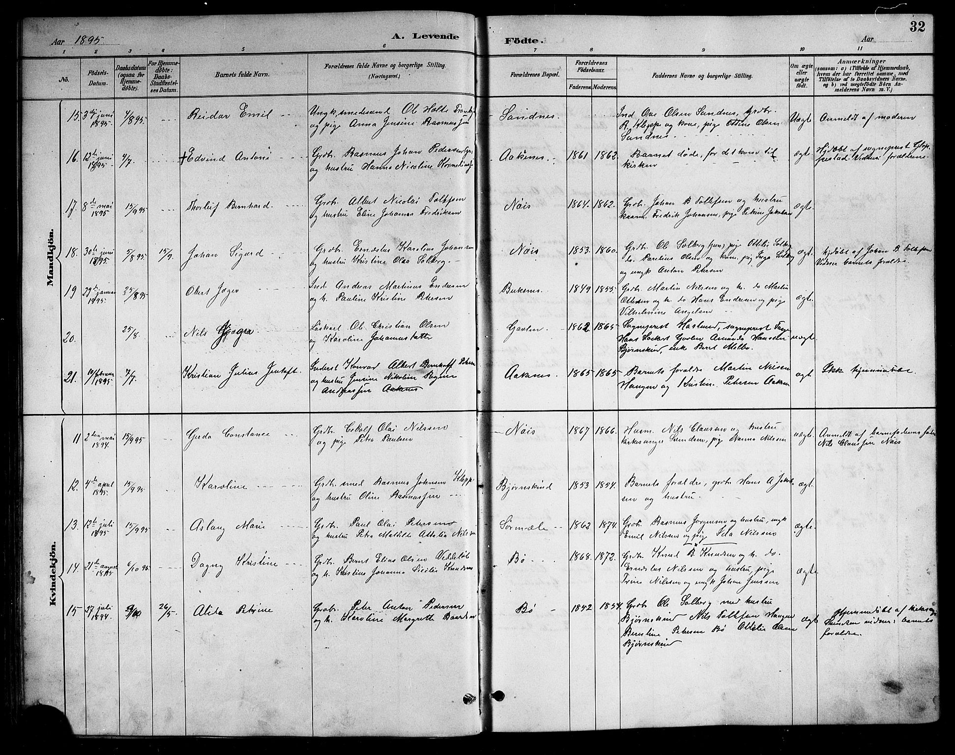 Ministerialprotokoller, klokkerbøker og fødselsregistre - Nordland, AV/SAT-A-1459/898/L1427: Parish register (copy) no. 898C02, 1887-1917, p. 32