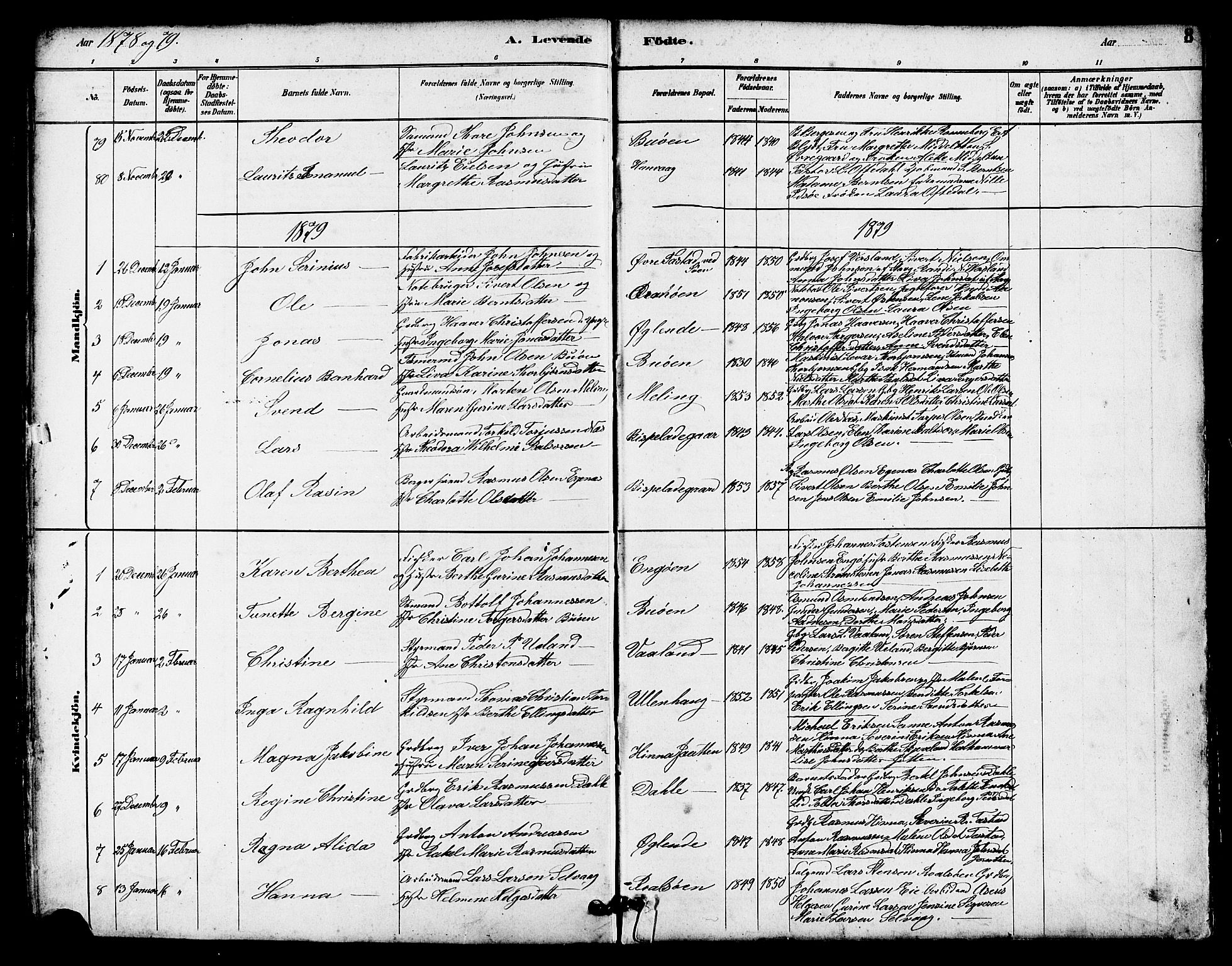 Hetland sokneprestkontor, SAST/A-101826/30/30BB/L0005: Parish register (copy) no. B 5, 1878-1910, p. 8