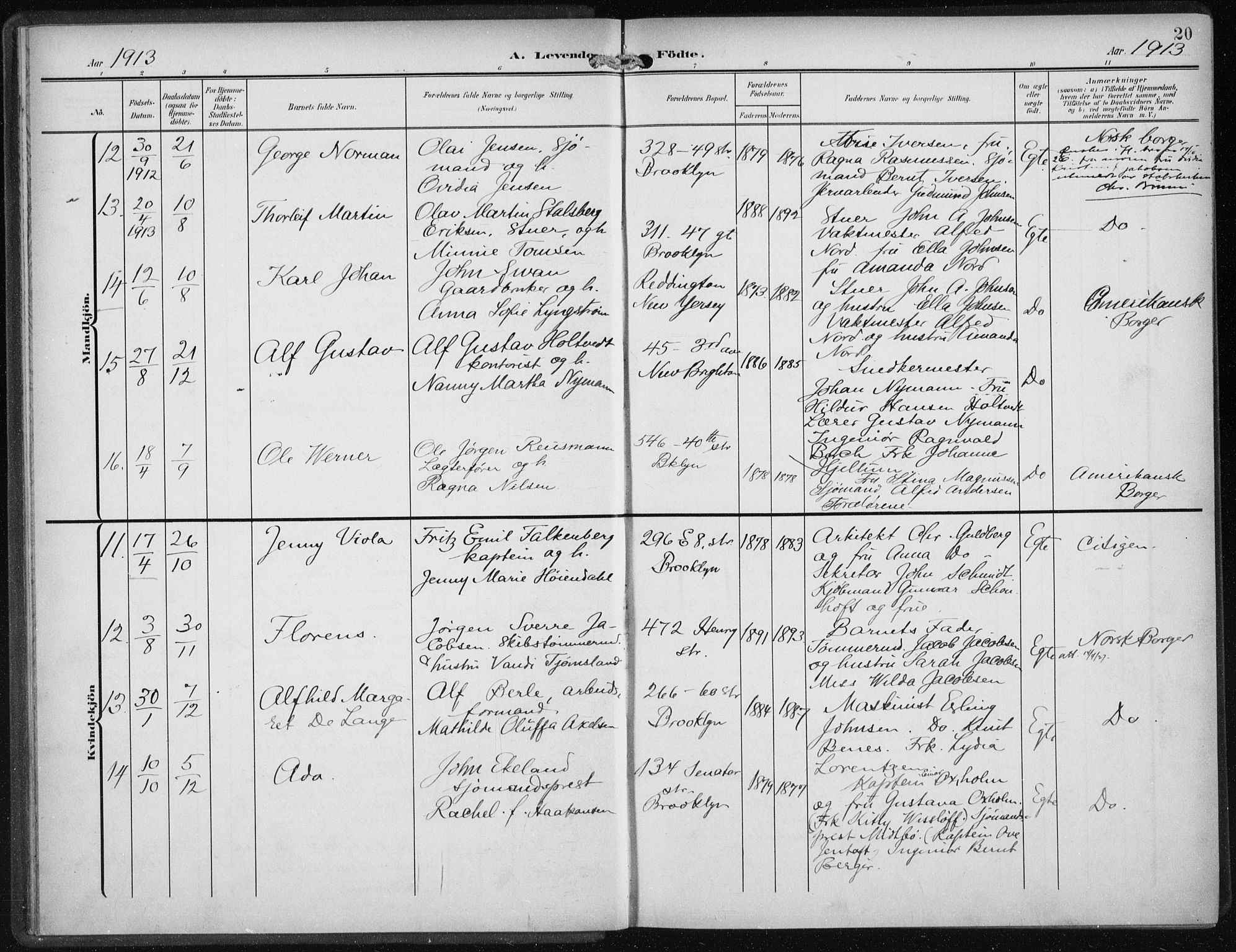 Den norske sjømannsmisjon i utlandet/New York, AV/SAB-SAB/PA-0110/H/Ha/L0006: Parish register (official) no. A 6, 1909-1914, p. 20