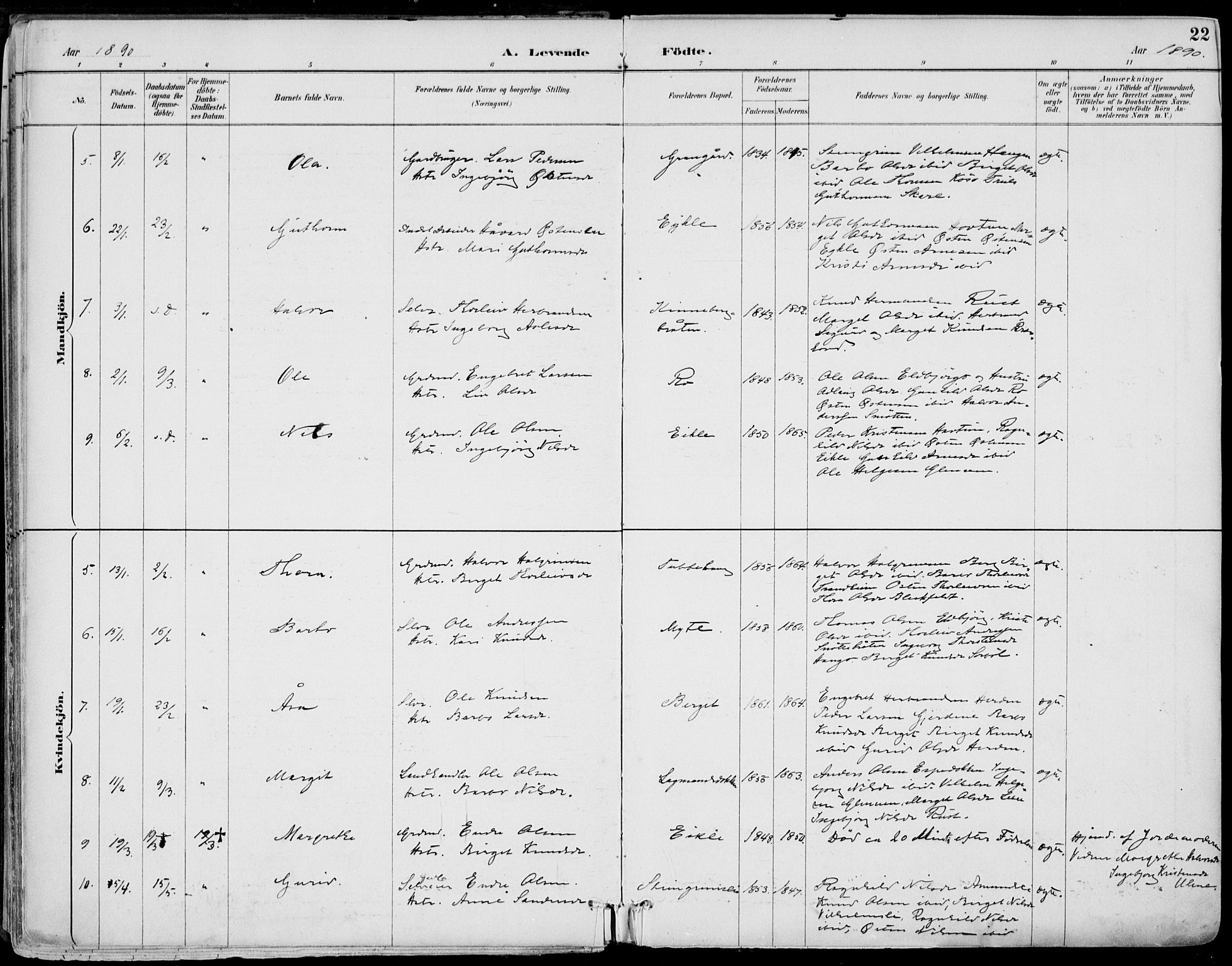 Gol kirkebøker, AV/SAKO-A-226/F/Fa/L0005: Parish register (official) no. I 5, 1887-1900, p. 22