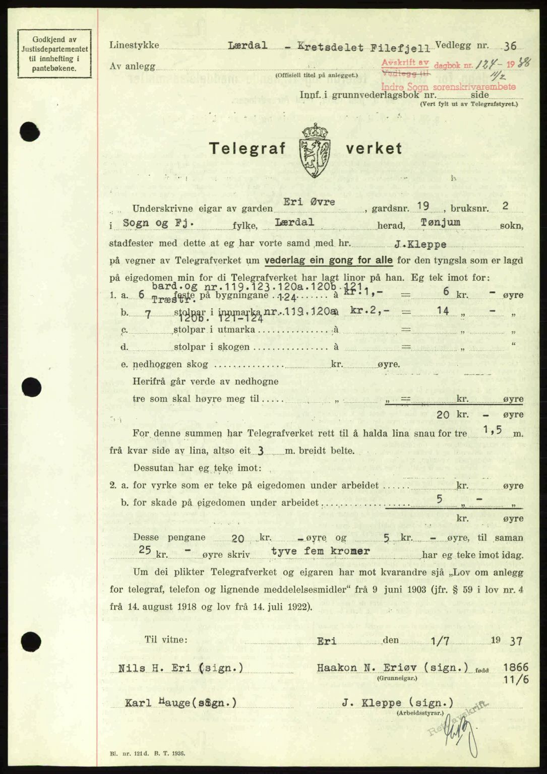 Indre Sogn tingrett, AV/SAB-A-3301/1/G/Gb/Gbb/L0001: Mortgage book no. A1, 1937-1938, Diary no: : 124/1938