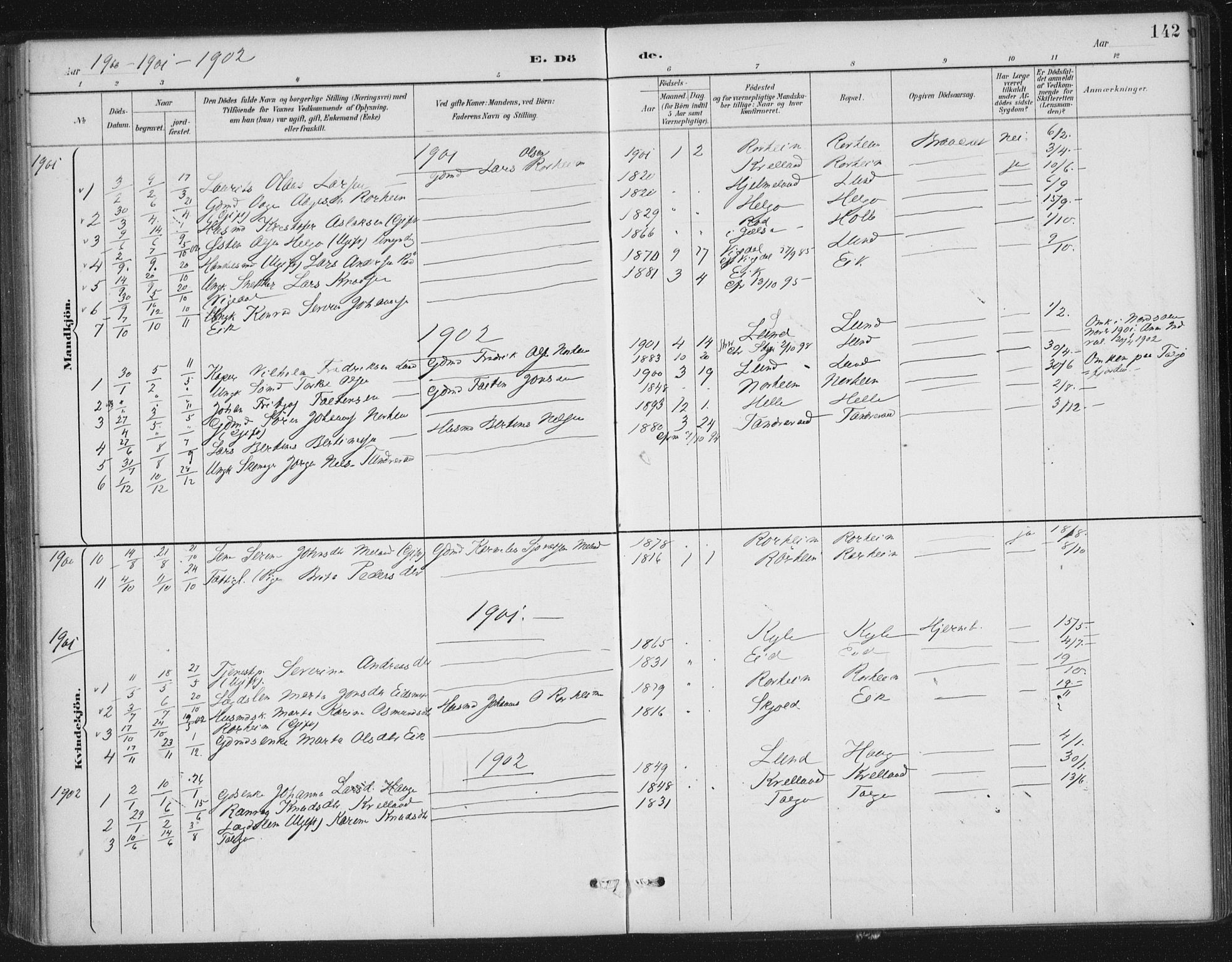 Nedstrand sokneprestkontor, AV/SAST-A-101841/01/IV: Parish register (official) no. A 13, 1887-1915, p. 142