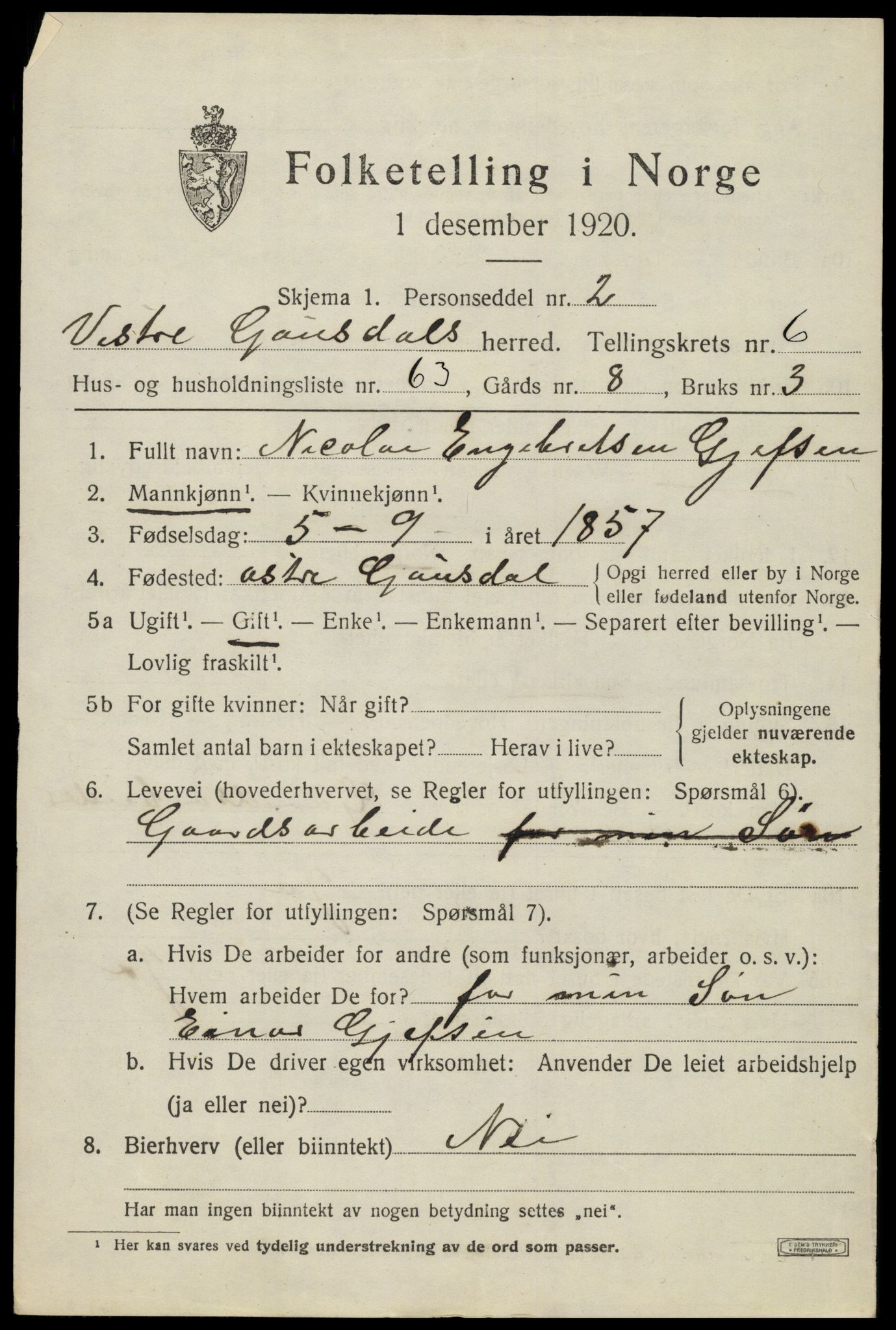 SAH, 1920 census for Vestre Gausdal, 1920, p. 5333