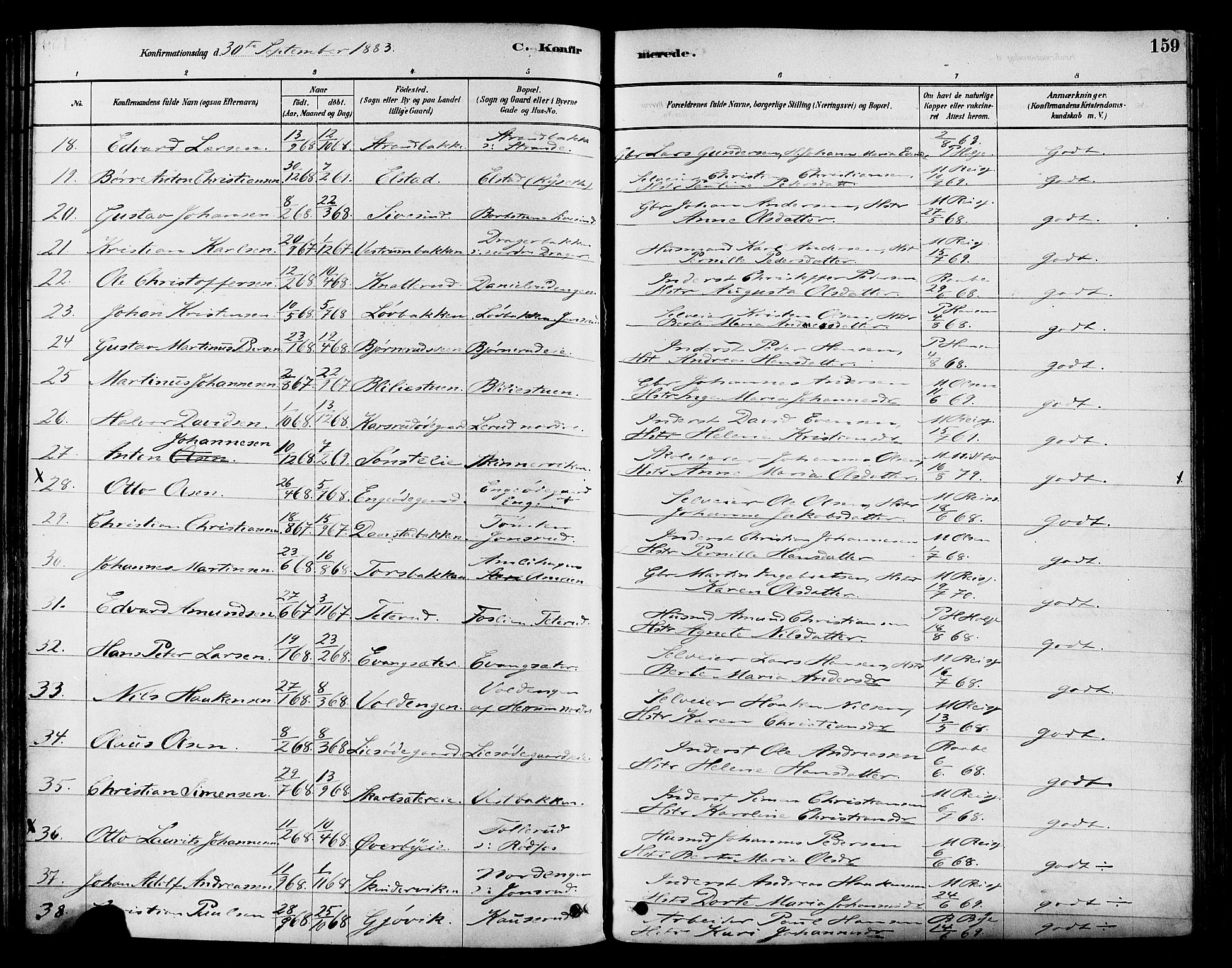 Vestre Toten prestekontor, SAH/PREST-108/H/Ha/Haa/L0009: Parish register (official) no. 9, 1878-1894, p. 159