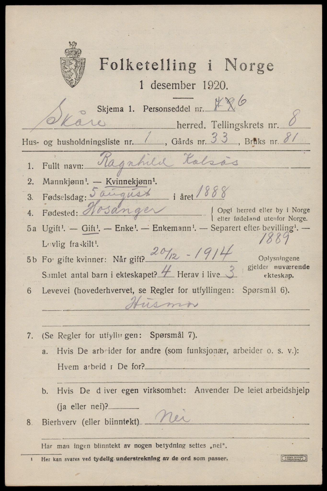 SAST, 1920 census for Skåre, 1920, p. 5726