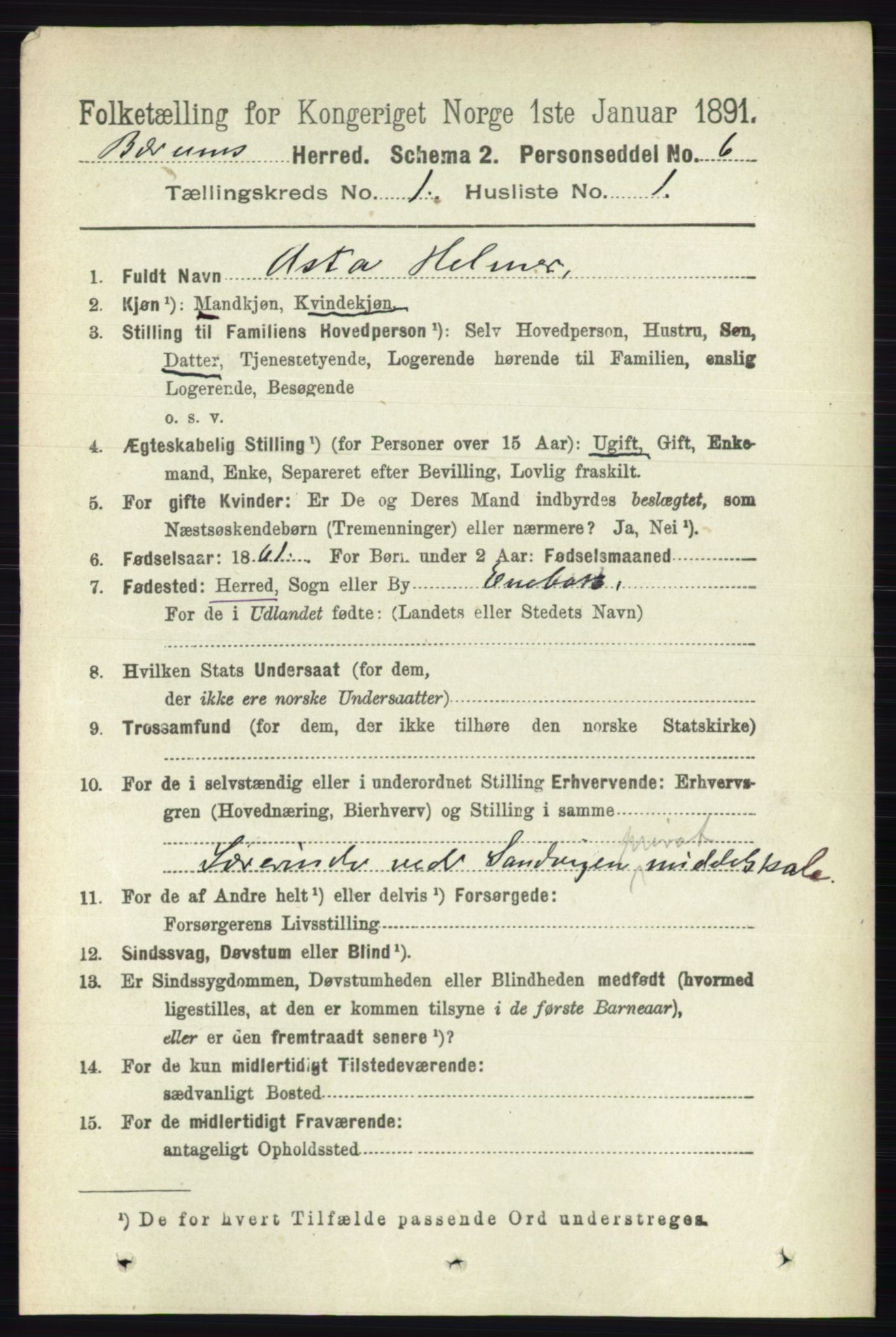 RA, 1891 census for 0219 Bærum, 1891, p. 153