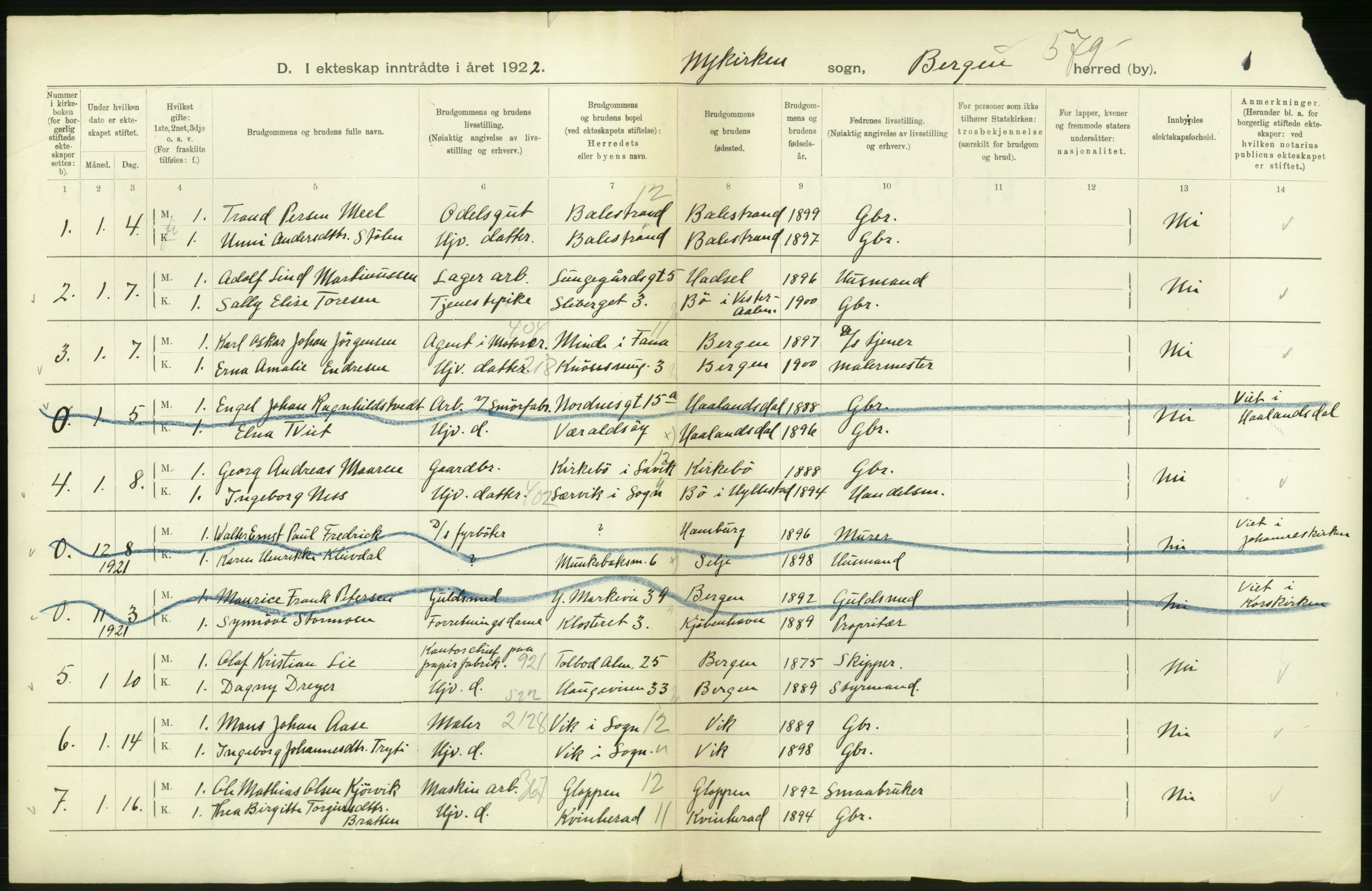 Statistisk sentralbyrå, Sosiodemografiske emner, Befolkning, AV/RA-S-2228/D/Df/Dfc/Dfcb/L0030: Bergen: Gifte, døde, dødfødte., 1922, p. 114