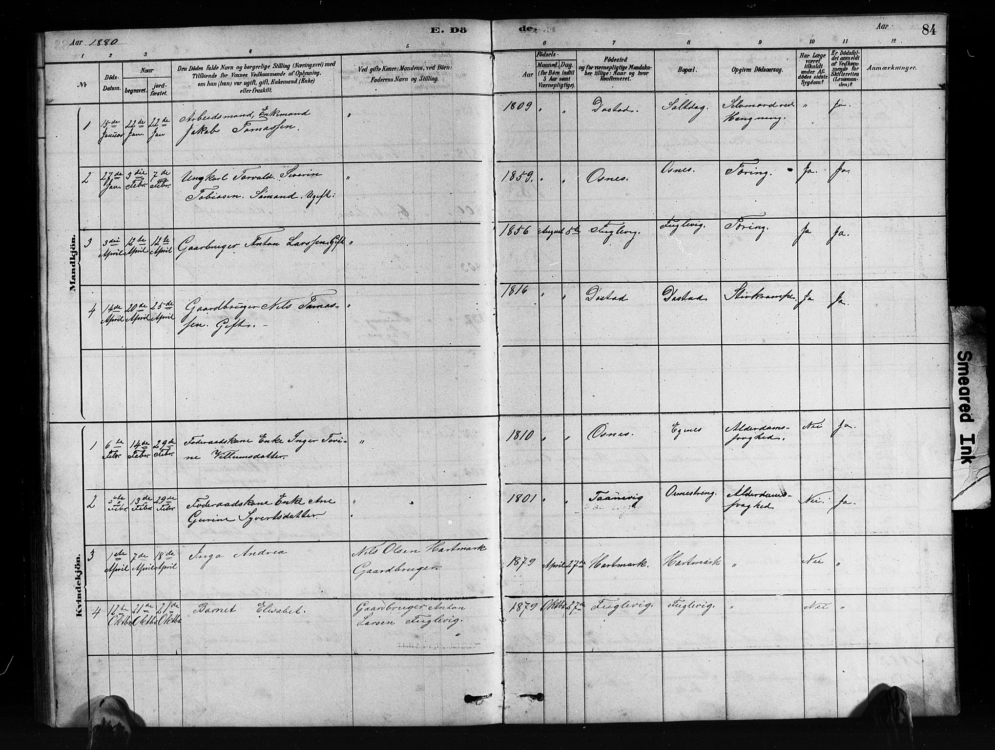 Mandal sokneprestkontor, SAK/1111-0030/F/Fb/Fbb/L0004: Parish register (copy) no. B 4, 1878-1913, p. 84