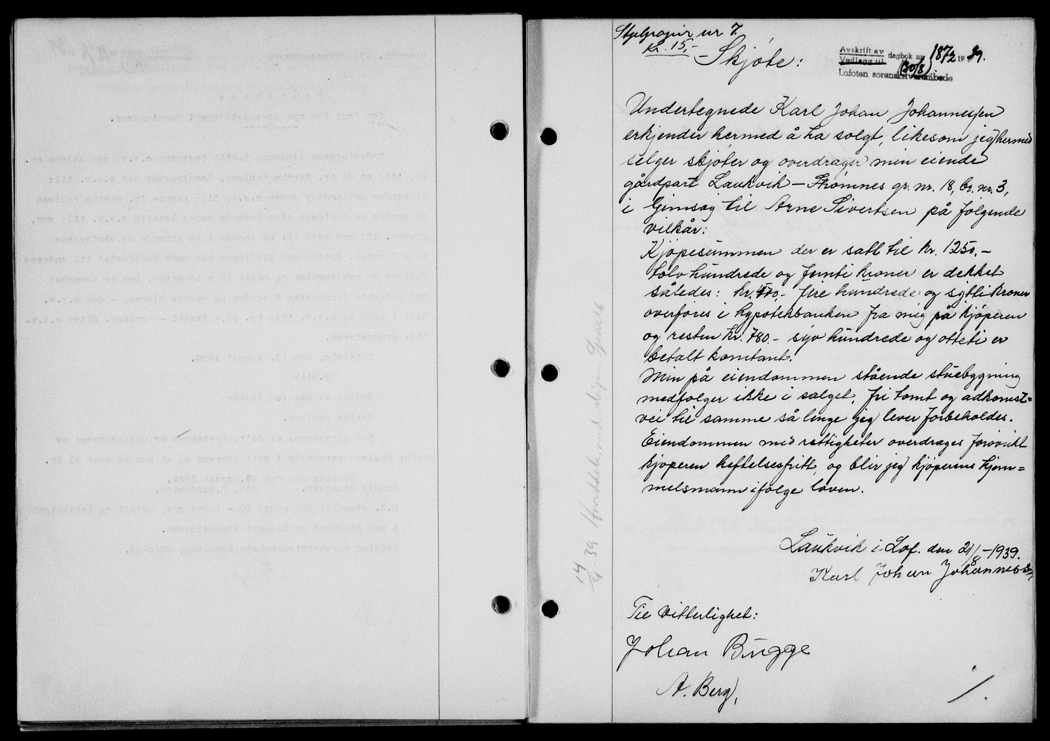 Lofoten sorenskriveri, SAT/A-0017/1/2/2C/L0006a: Mortgage book no. 6a, 1939-1939, Diary no: : 1872/1939