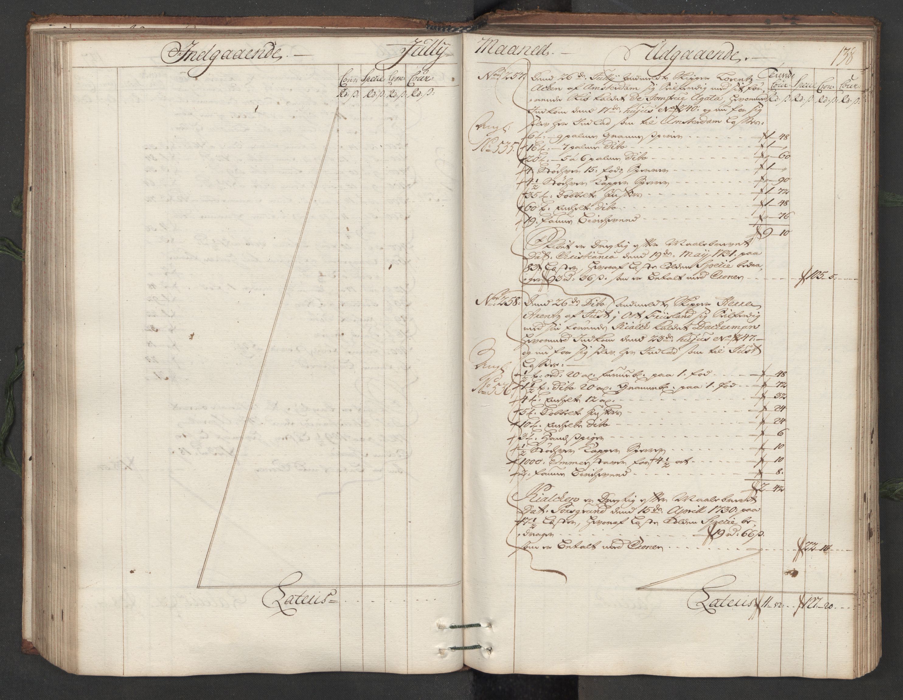 Generaltollkammeret, tollregnskaper, AV/RA-EA-5490/R12/L0007/0001: Tollregnskaper Langesund / Hovedtollbok, 1731, p. 137b-138a