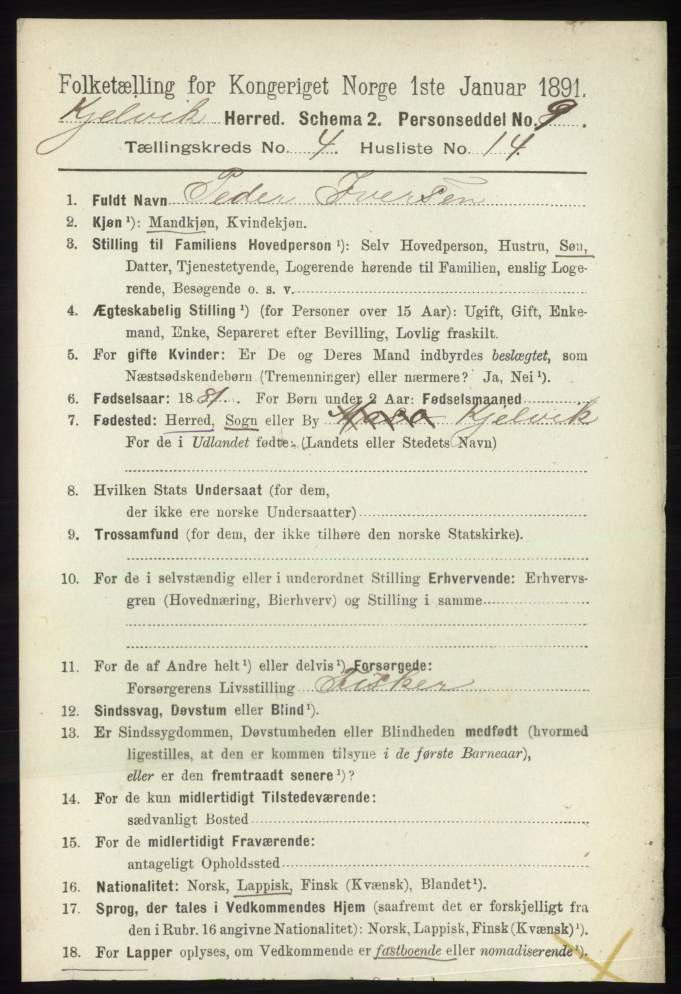RA, 1891 census for 2019 Kjelvik, 1891, p. 518