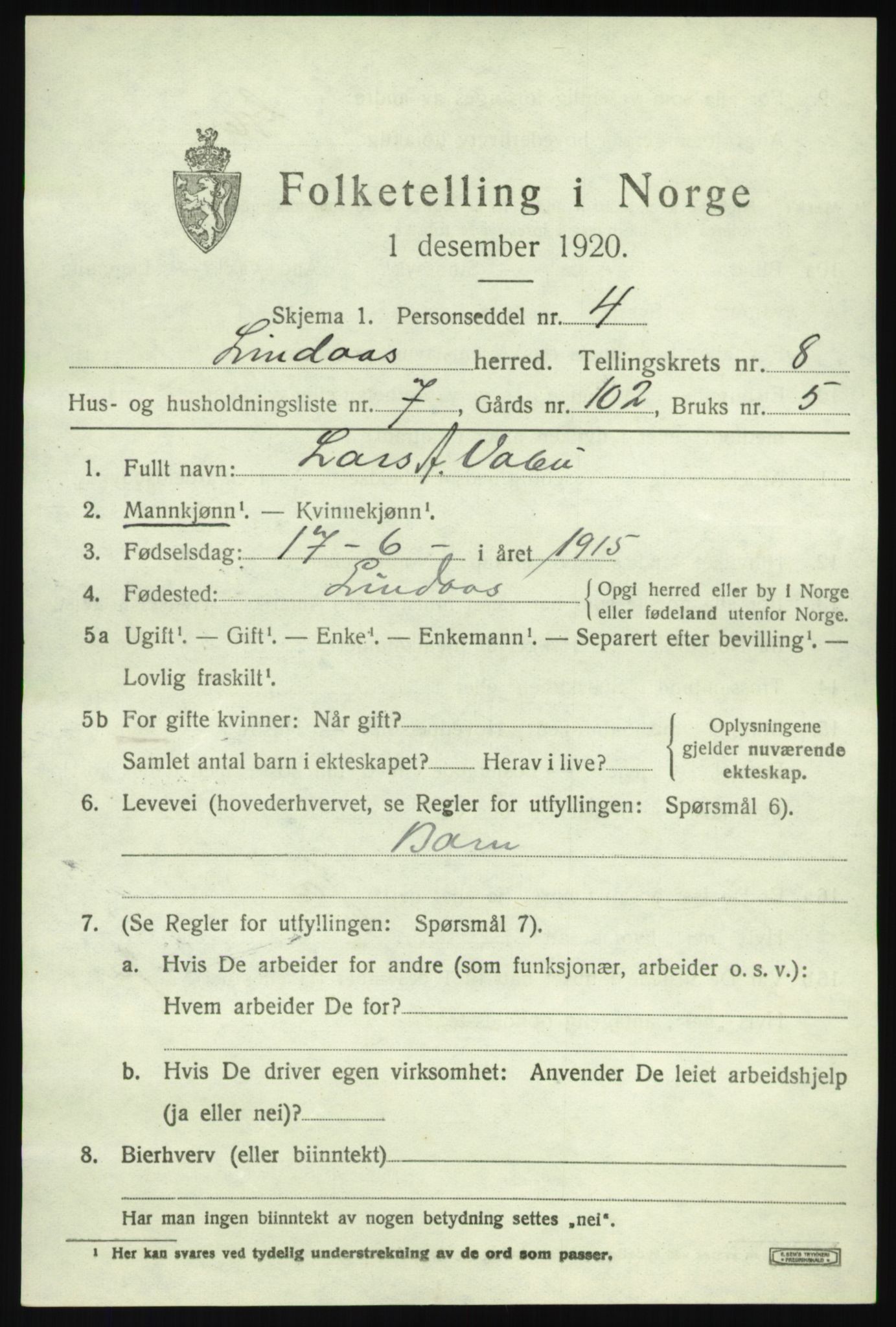 SAB, 1920 census for Lindås, 1920, p. 4329