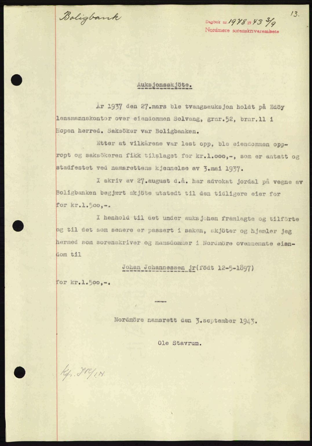 Nordmøre sorenskriveri, SAT/A-4132/1/2/2Ca: Mortgage book no. A96, 1943-1944, Diary no: : 1978/1943