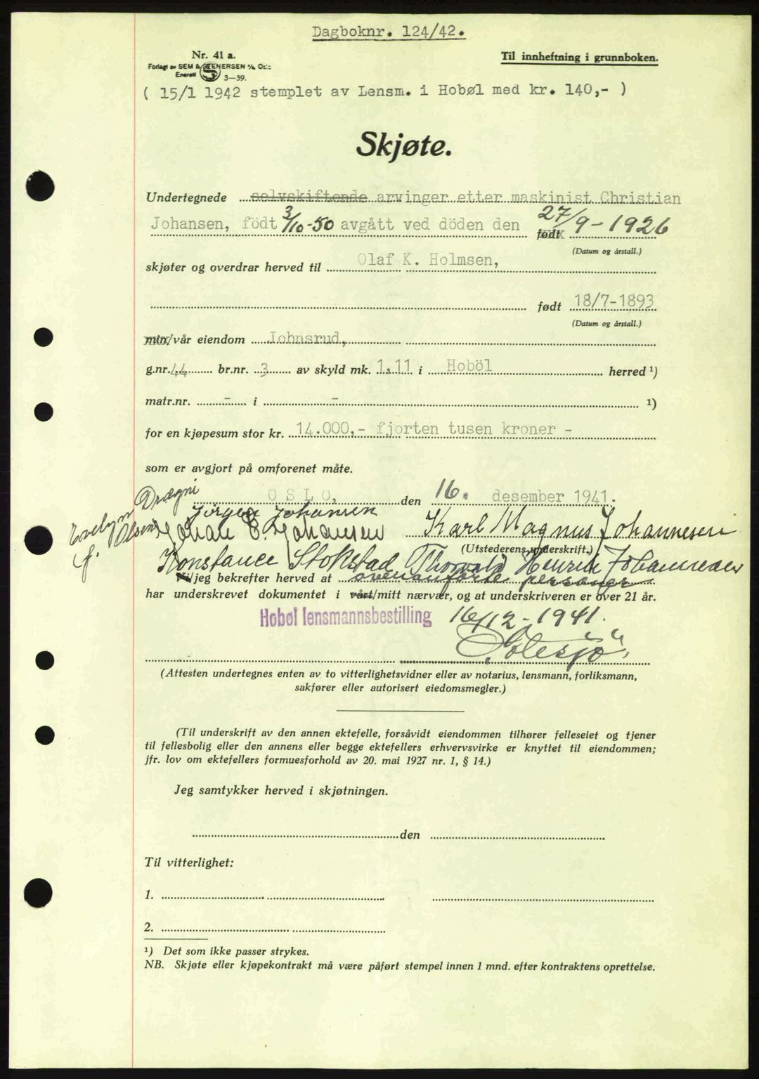 Moss sorenskriveri, SAO/A-10168: Mortgage book no. A9, 1941-1942, Diary no: : 124/1942