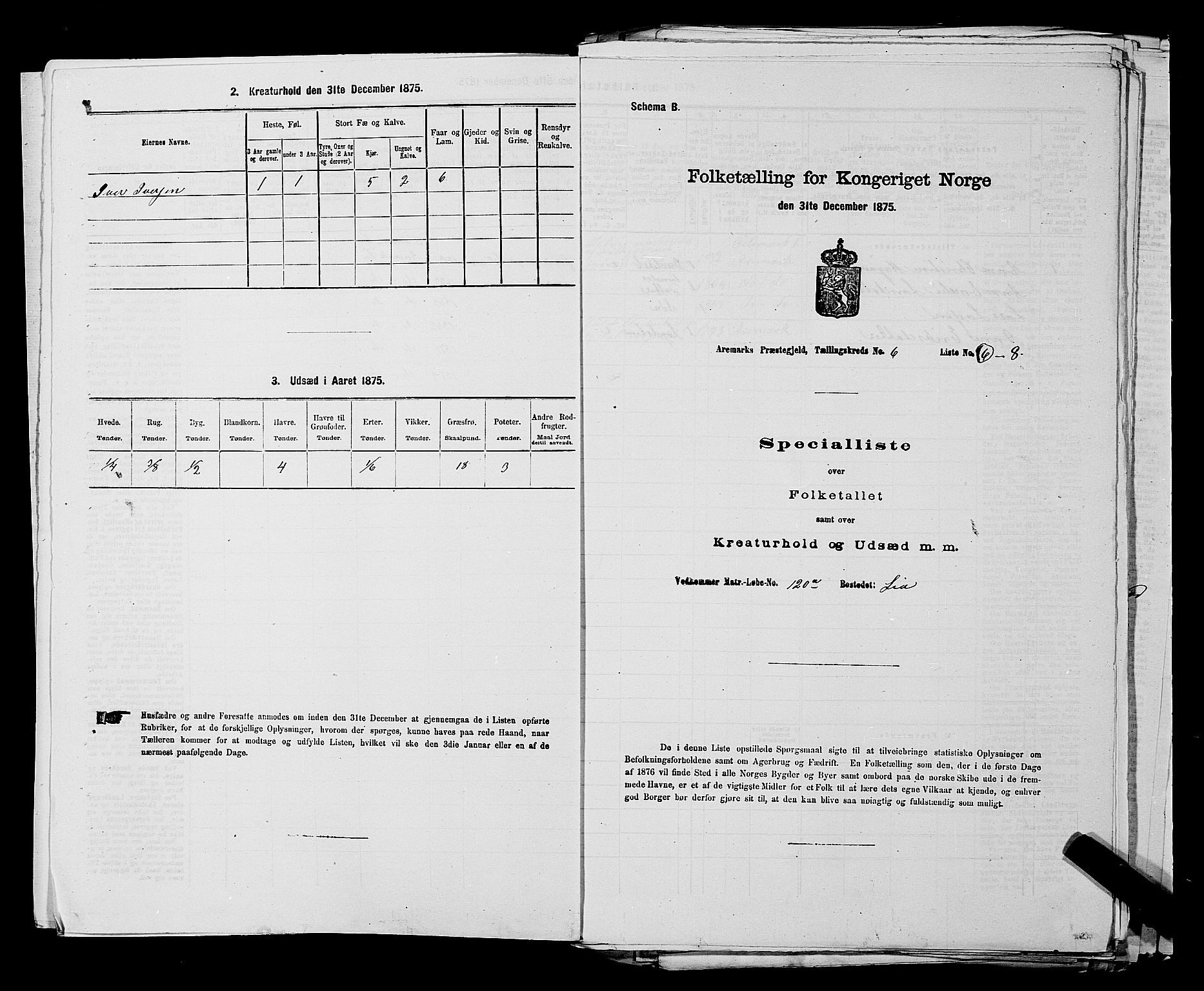 RA, 1875 census for 0118P Aremark, 1875, p. 834