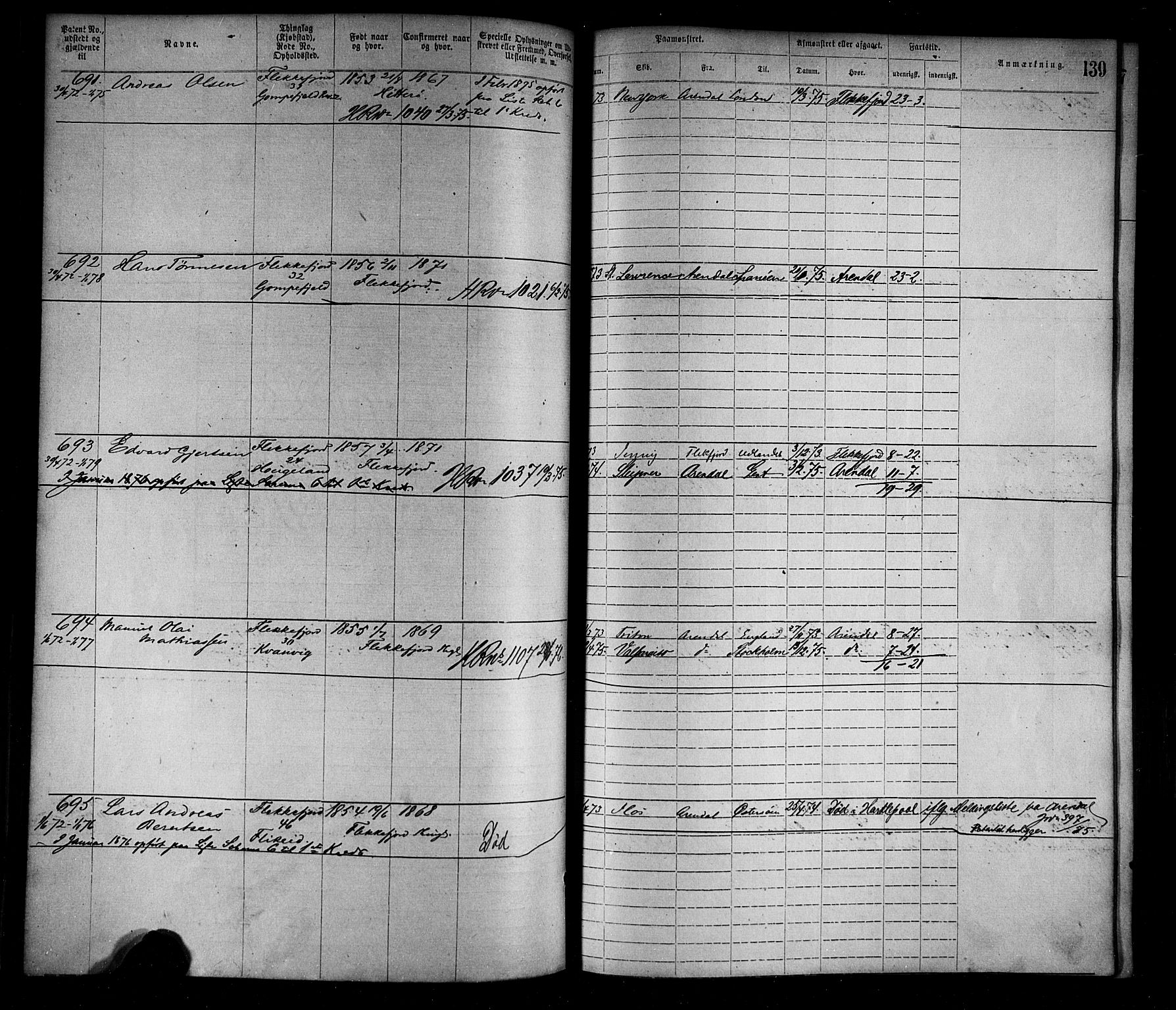 Flekkefjord mønstringskrets, AV/SAK-2031-0018/F/Fa/L0002: Annotasjonsrulle nr 1-1920 med register, N-2, 1870-1891, p. 163