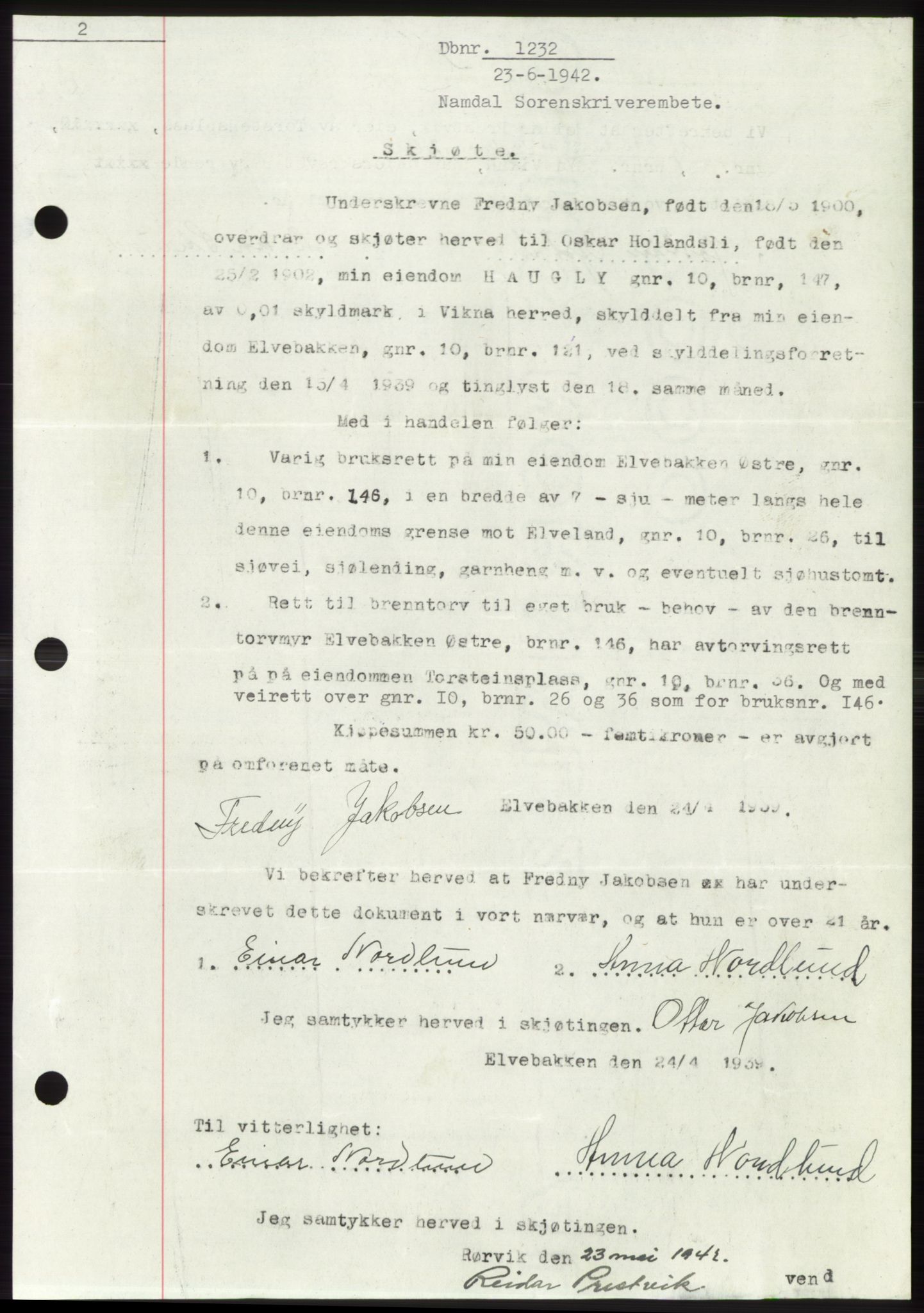 Namdal sorenskriveri, SAT/A-4133/1/2/2C: Mortgage book no. -, 1941-1942, Diary no: : 1232/1942