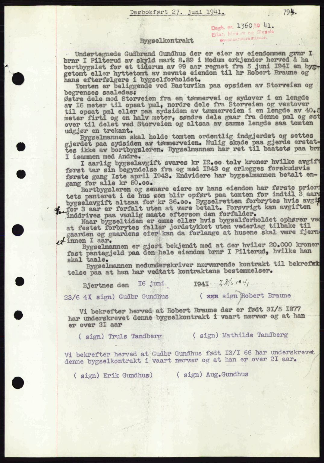 Eiker, Modum og Sigdal sorenskriveri, SAKO/A-123/G/Ga/Gab/L0043: Mortgage book no. A13, 1940-1941, Diary no: : 1360/1941