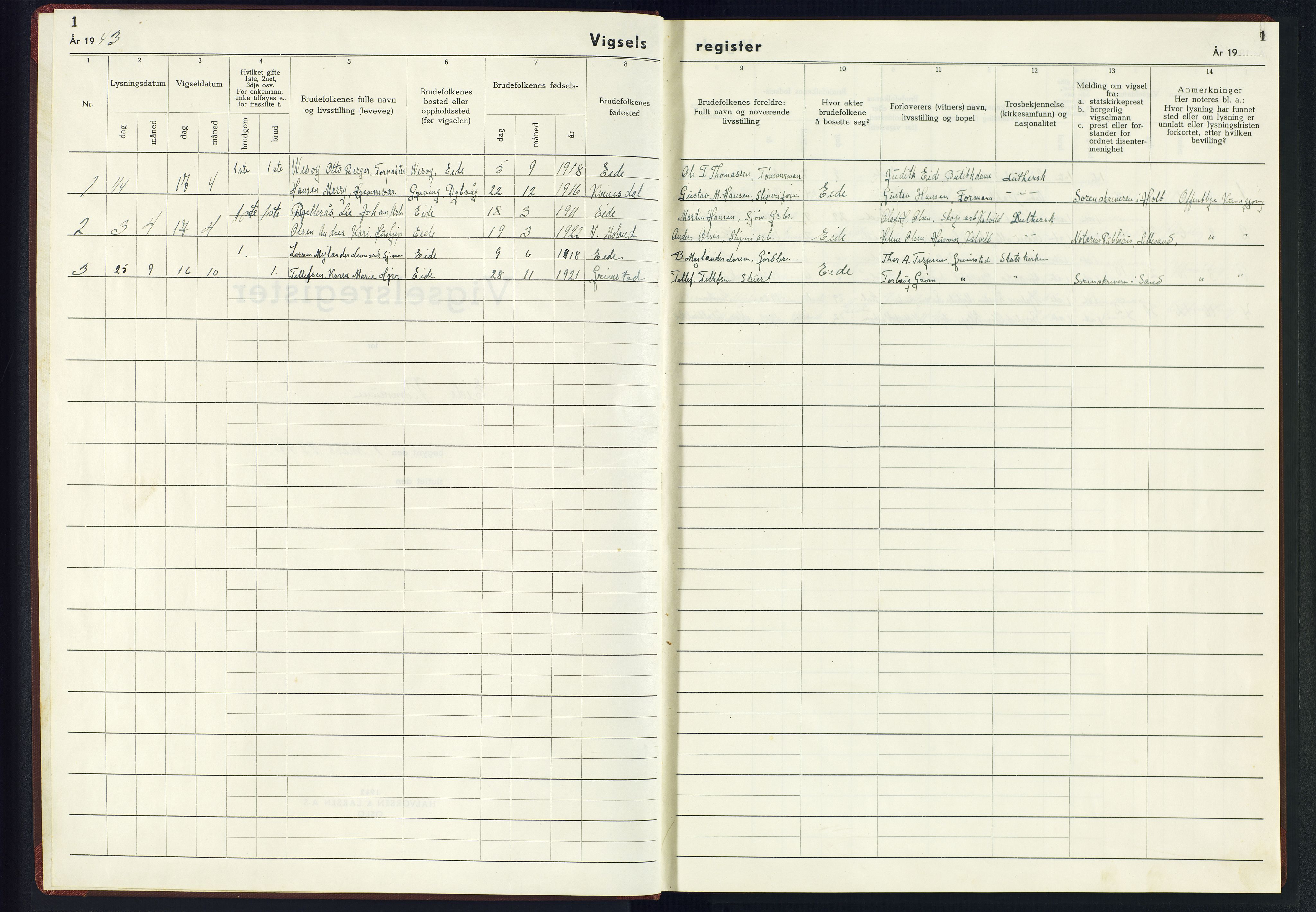 Hommedal sokneprestkontor, SAK/1111-0023/J/Jf/L0004: Marriage register no. 4, 1943-1945, p. 1