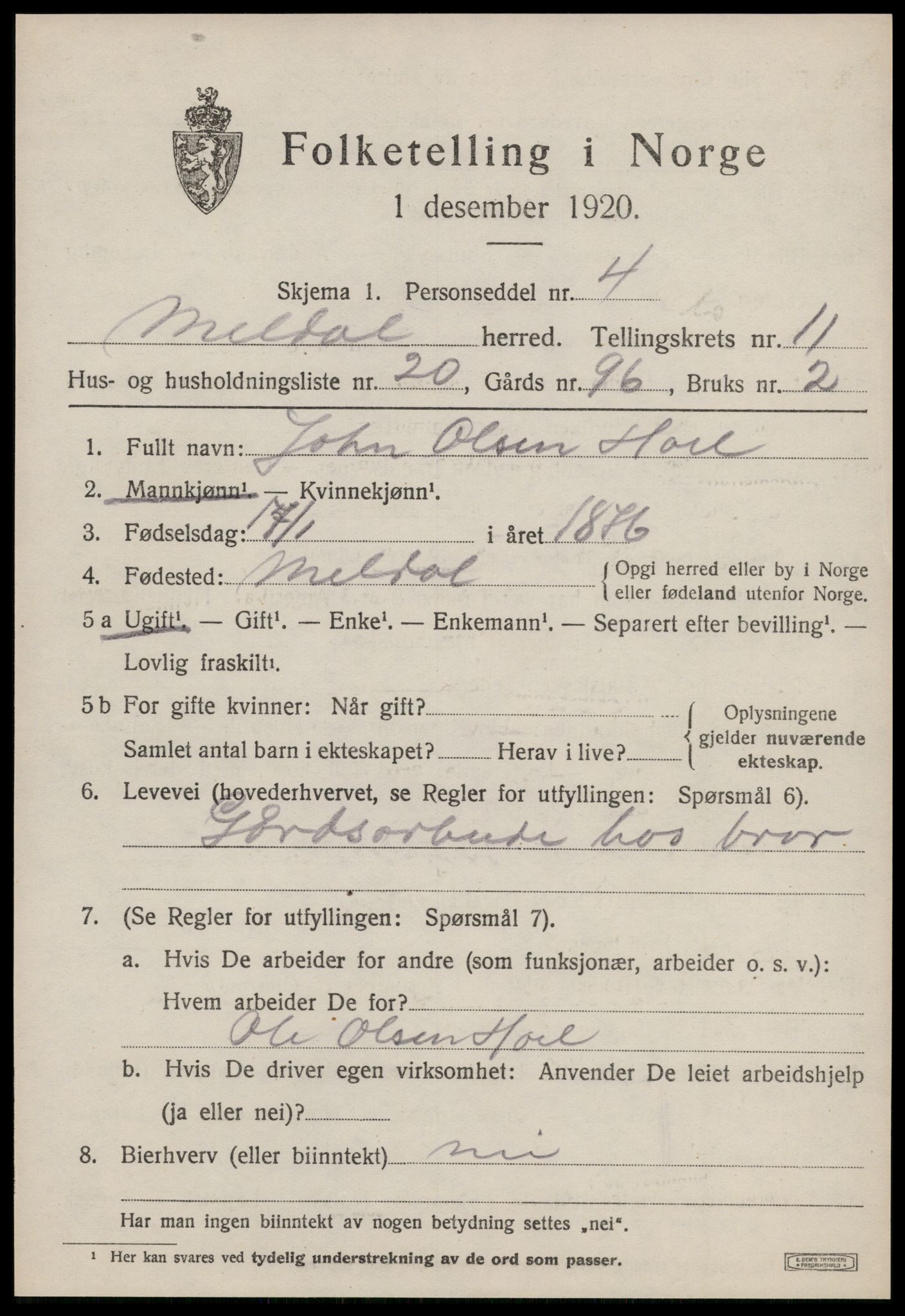 SAT, 1920 census for Meldal, 1920, p. 8711