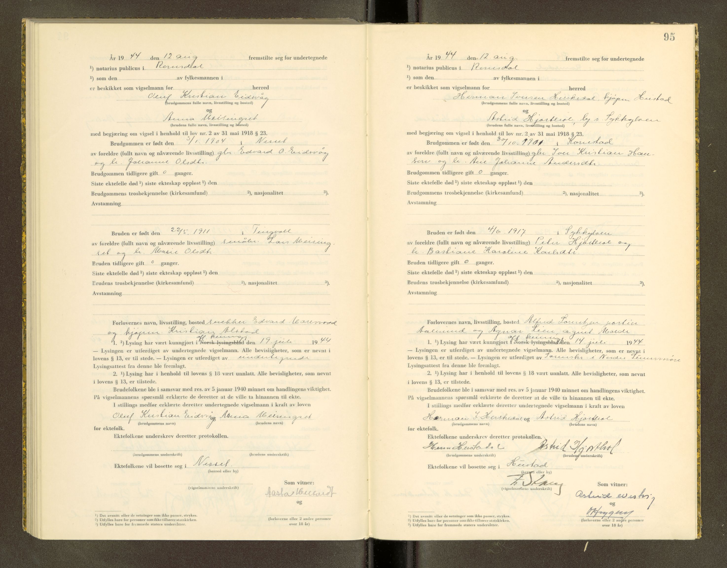 Romsdal sorenskriveri, AV/SAT-A-4149/1/6/6D/L0007: Vigselbok, 1943-1944, p. 95